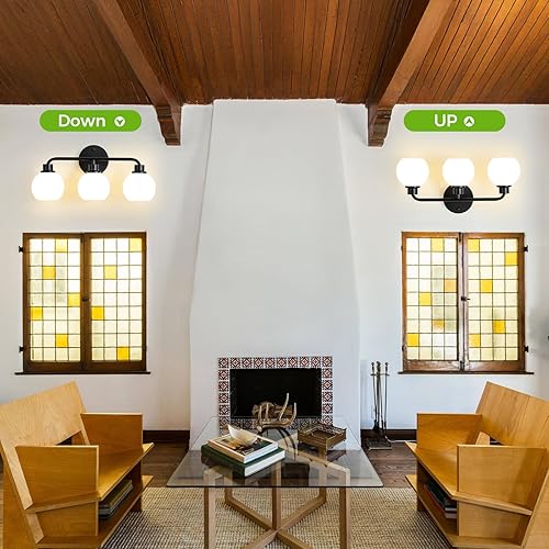 Miniatura 9 de Lámparas de baño doradas para tocador, 3 luces, apliques de pared, luces de latón cepillado con pantalla de cristal de globo de leche, lámpara de