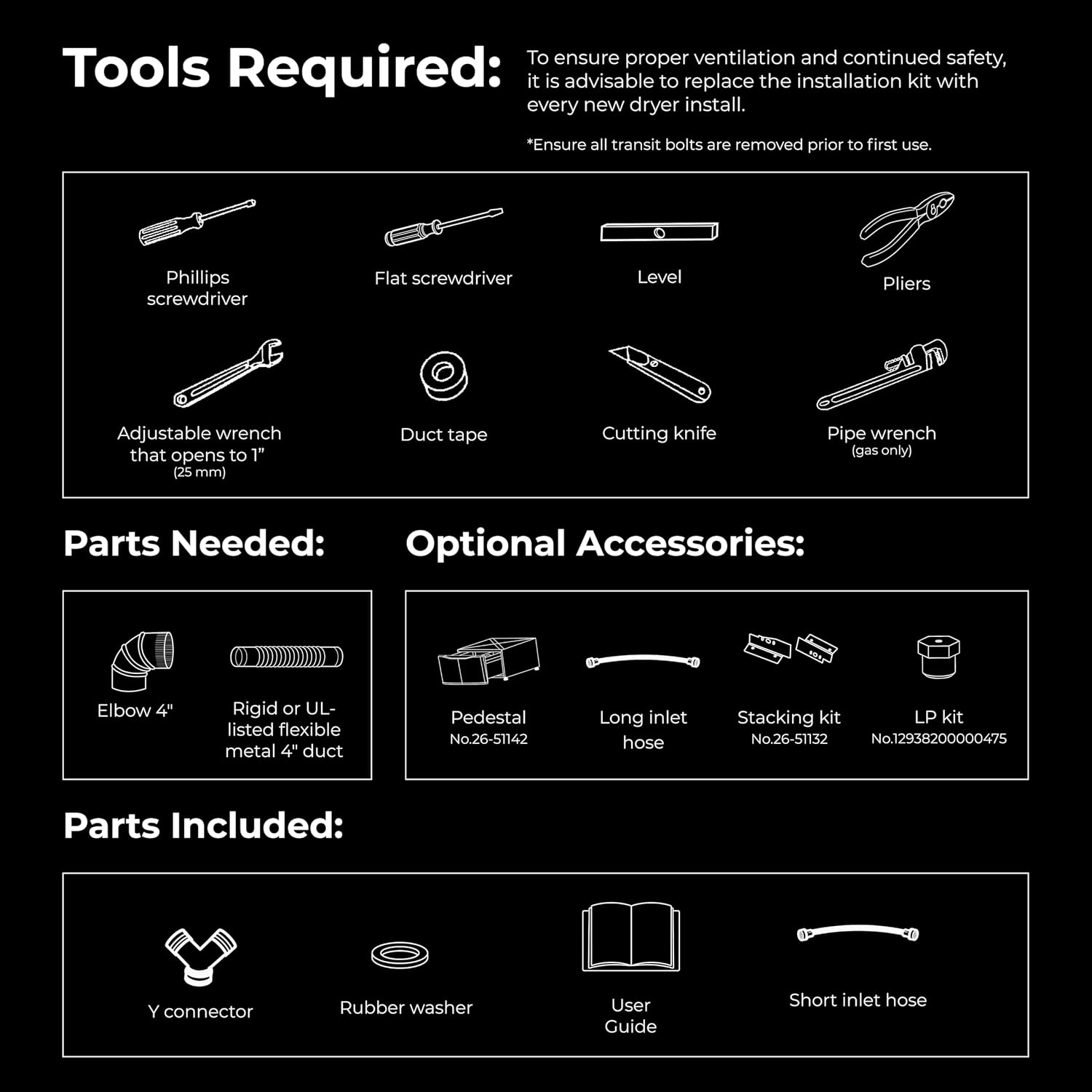 Diagram showing tools required, parts needed, optional accessories, and parts included for dryer installation.