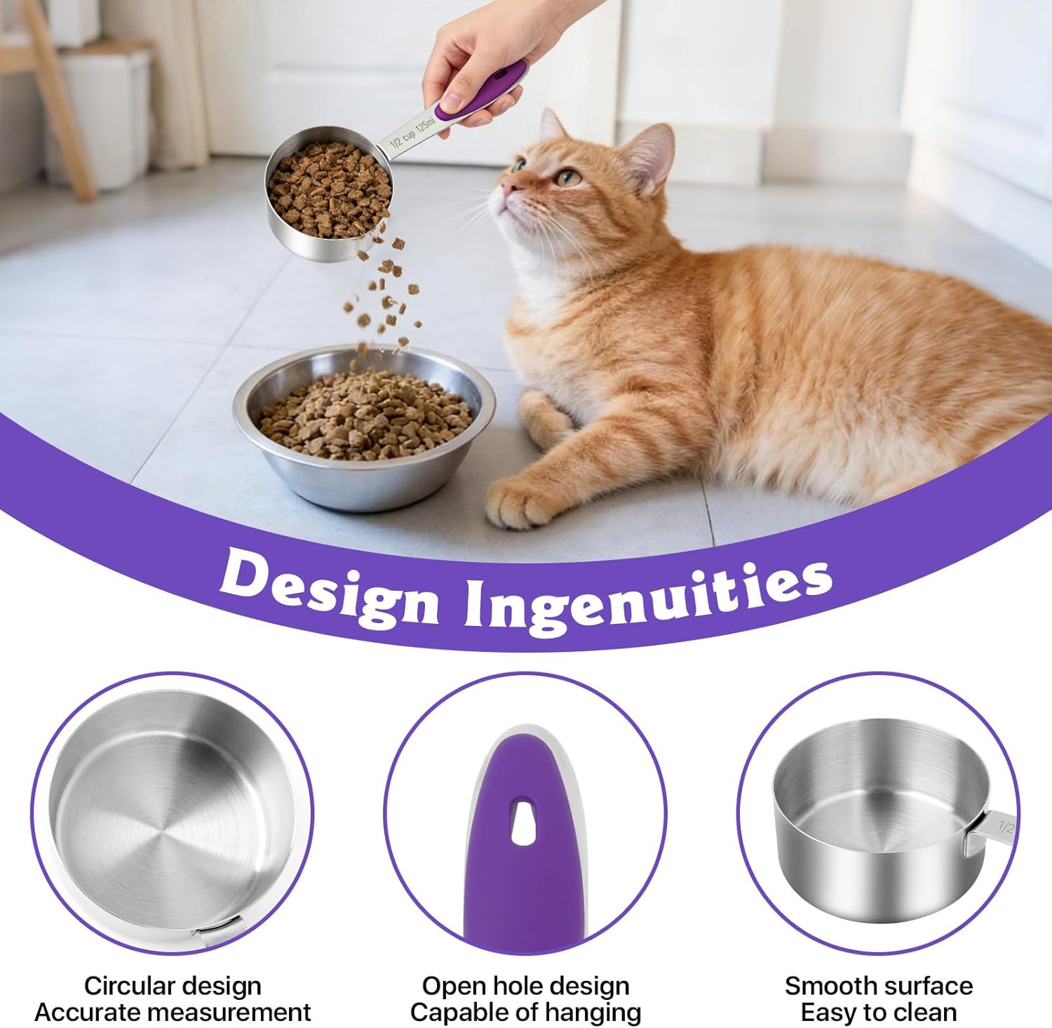 10 Pcs 1/2 Measuring Cup, 4 Oz Stainless Steel Scoop with Silicone Handle, Metal Mini Measuring Scoops Kitchen Gadgets for Cooking Baking,Coffee Bean Pet Food,Ingredients,Purple