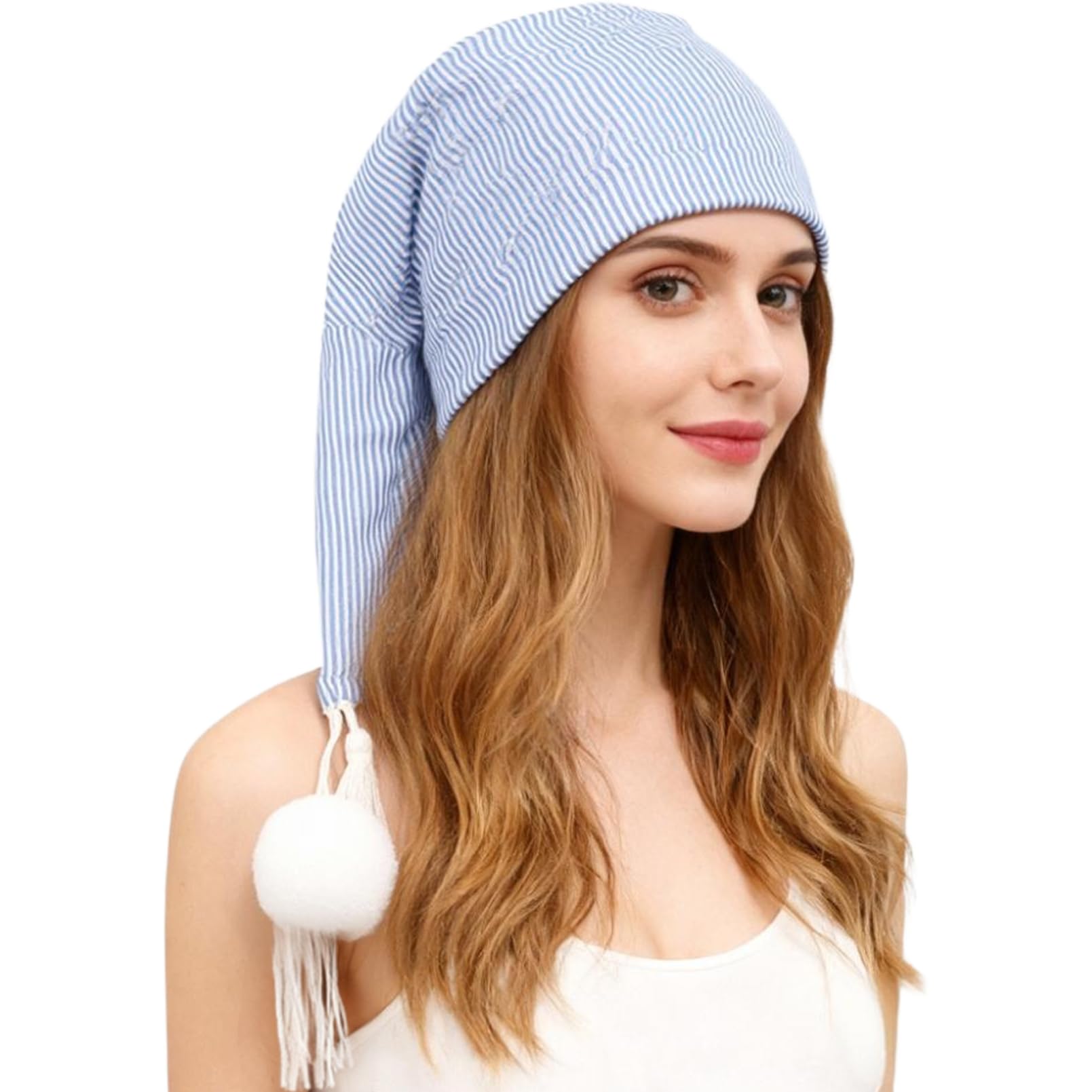 inhzoy Long Tube Sleeping Hat with Adjustable Drawstring Unisex Night Cap with Pom Ball for Costume Parties Blue White One Size