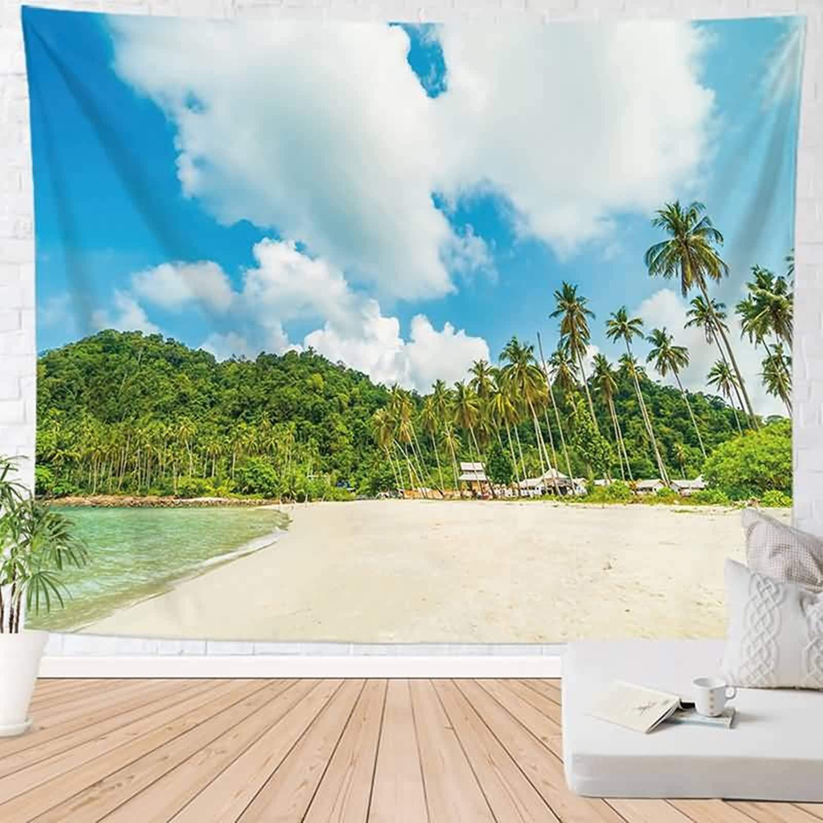 Tapisserie murale pour masquer un mur vide avec un paysage multicolore de plage et cocotier