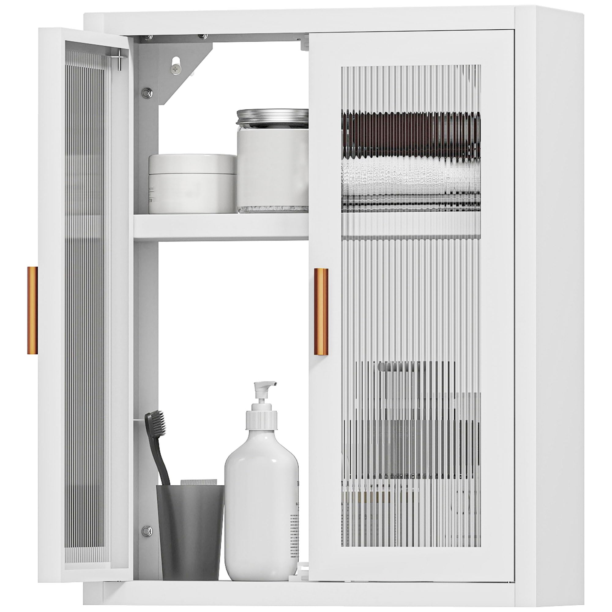 HOMCOM Armoire Murale de Salle de Bain métale, 40 x 14 x 50 cm, Meuble de Rangement Suspendu avec 2 Portes cannelées en Acrylique et étagère réglable, Métal, Blanc