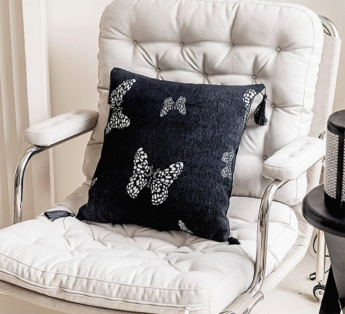 Fennco Styles Jacquard Butterfly Tassel Decorative Throw Pillow Cover 18" W X 18" L – Black Woven Square Cushion Case for Couch, Sofa, Bedroom, Office and Living Room Décor