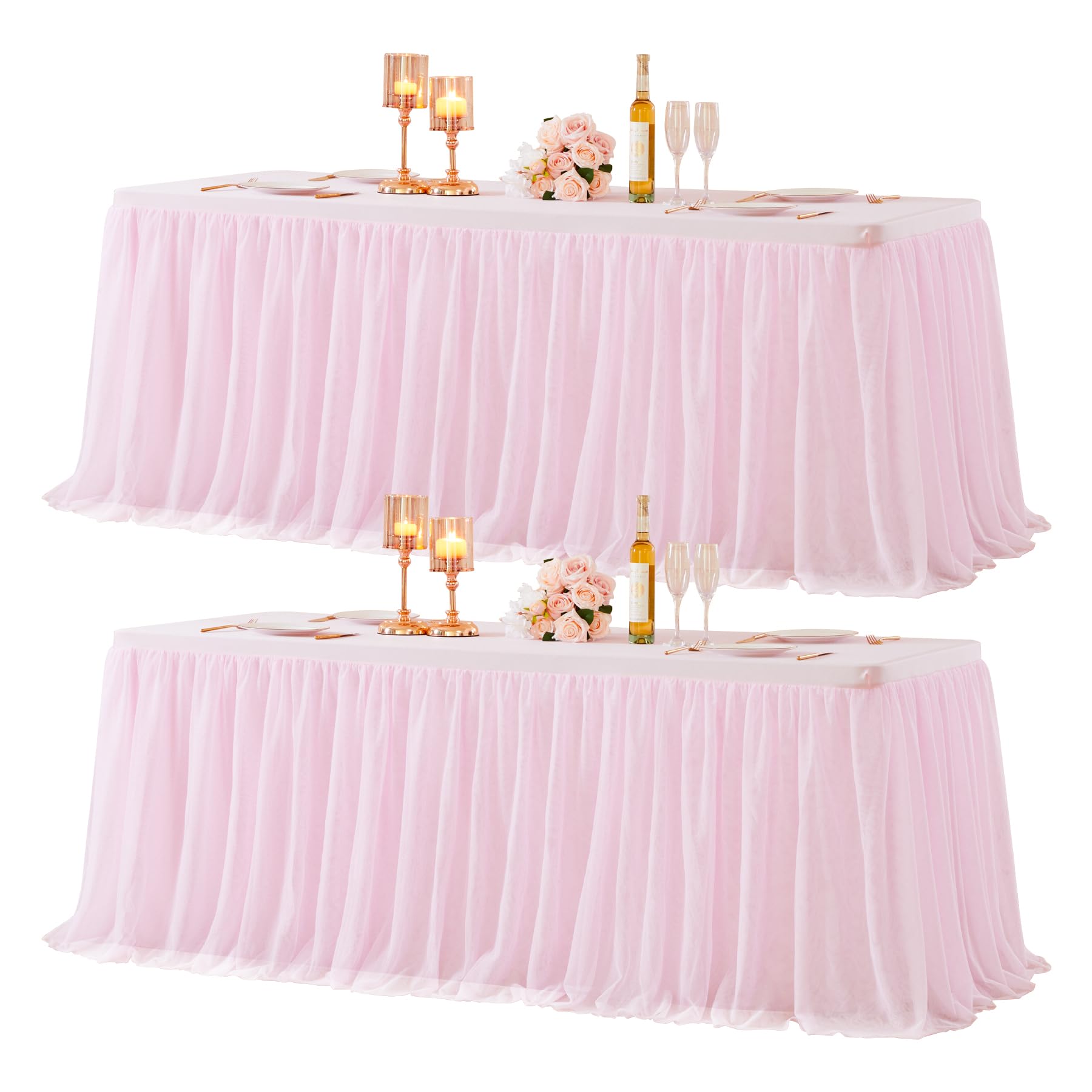 2 Pack Pink Tulle Tablecloth Table Skirt for 6 Foot Rectangle Tables, Baby Shower Table Cloths Ruffle Tutu Table Skirt Stretch Fitted Table Covers for