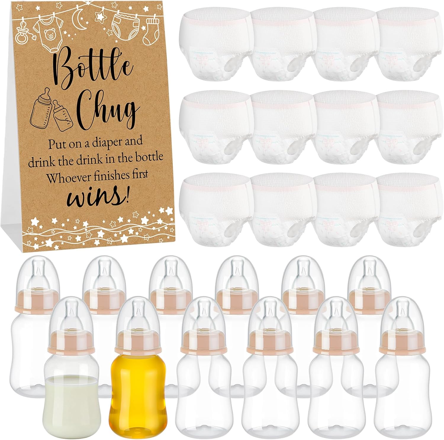 12 Set Bottle Chug Baby Shower Games Favors Funny Diaper Change Game Including Plastic Baby Bottles Chug Disposable Diapers Themed Sign for Gender Reveal Party Supplies(Beige,Kraft)