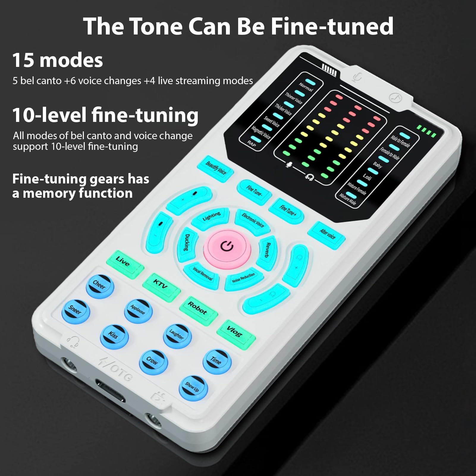 Fockety Cambiador de Voz para Adultos, Tarjeta de Sonido Portátil con 15 Modos de Voz, Indicadores LED de Reducción de Ruido Dispositivo de Cambiador de Voz para Hombres para Hombres
