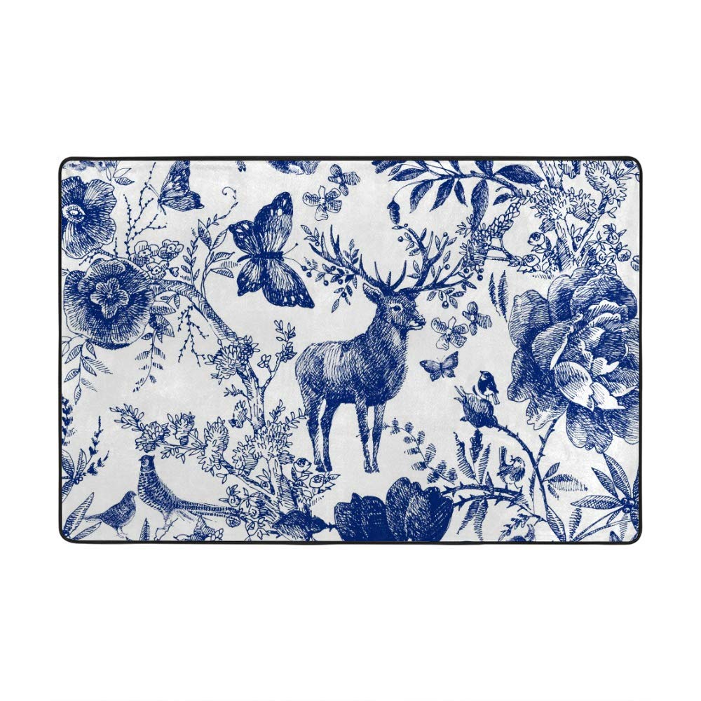 Tapis motif fleurs et forêt indigo bleu Ruchen 152x99 cm pour salon