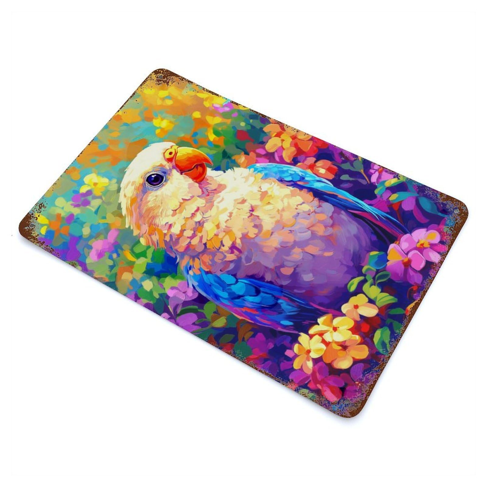 Vintage Rust Metal Sign Colorful Parrot in Flowers 11.8"x7.9", Novelty Wall Decor for Garage, Bar And Workshop Decor