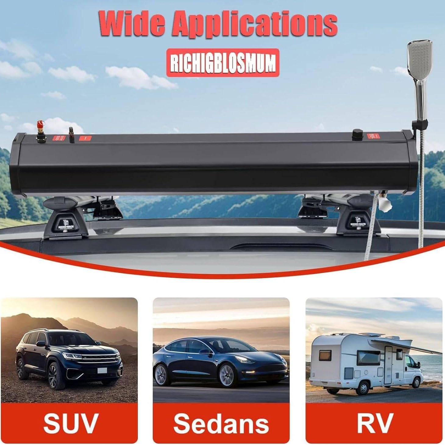 Serbatoio pressurizzato for riscaldamento solare, doccia strada | Stoccaggio for doccia campeggio tubo 1,5 m e soffione doccia, for campeggio, escursionismo, camper all'aperto(18L)