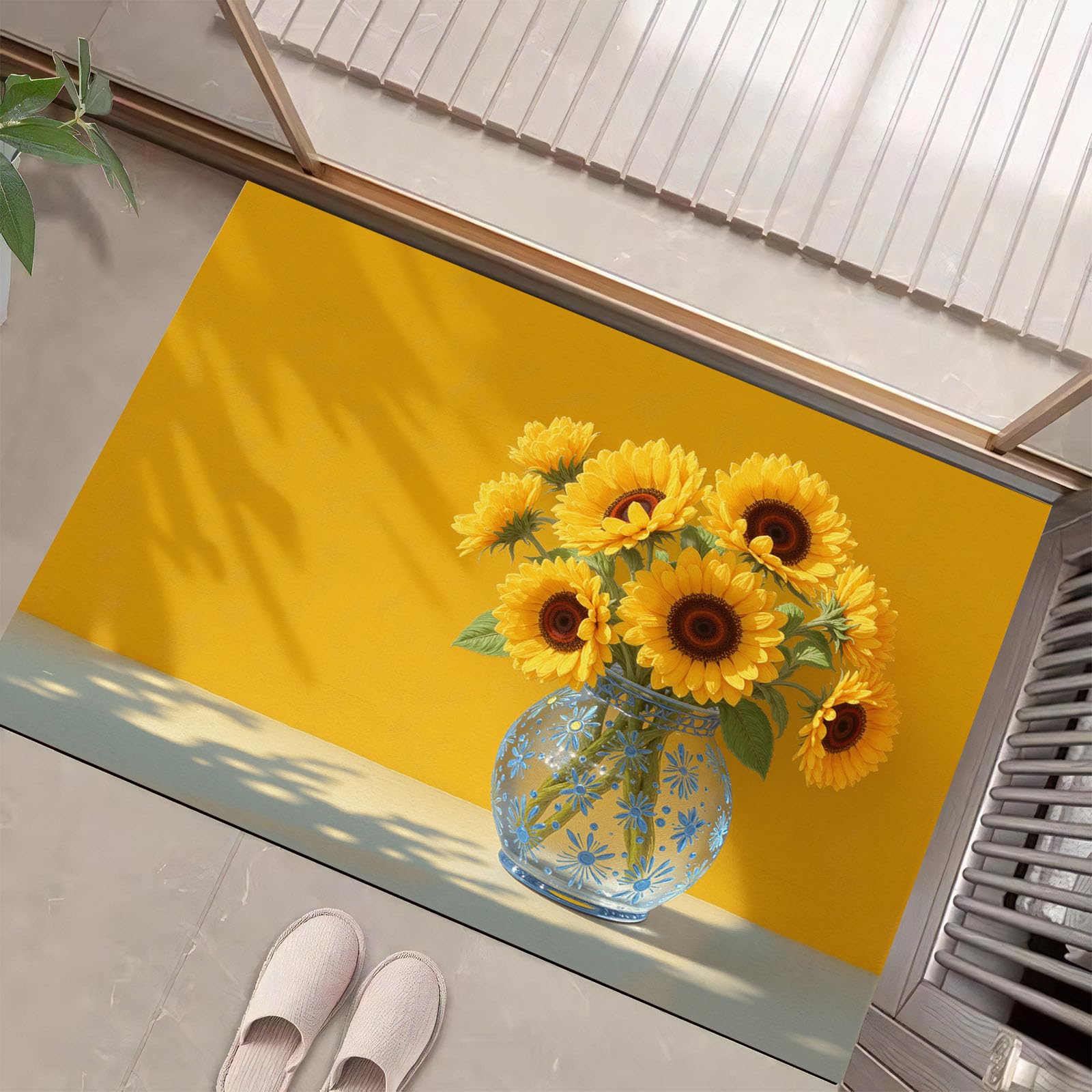 Tapis de cuisine et entrée de maison motif vase en verre et tournesol floral