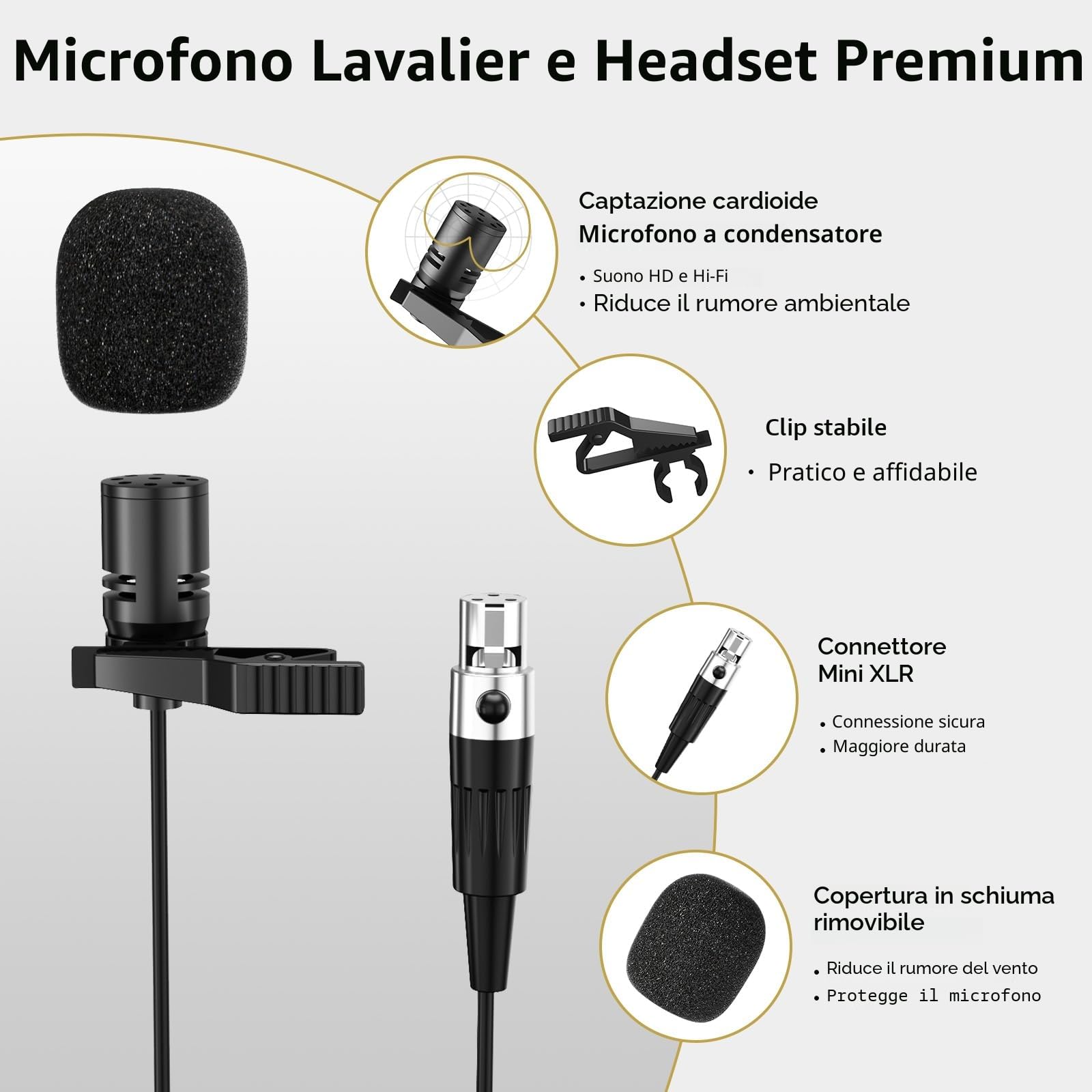TONOR Microfono Wireless UHF con Archetto e Lavalier Lapel Mic, Bodypack Trasmettitore e Ricevitore Ricaricabile, 60M