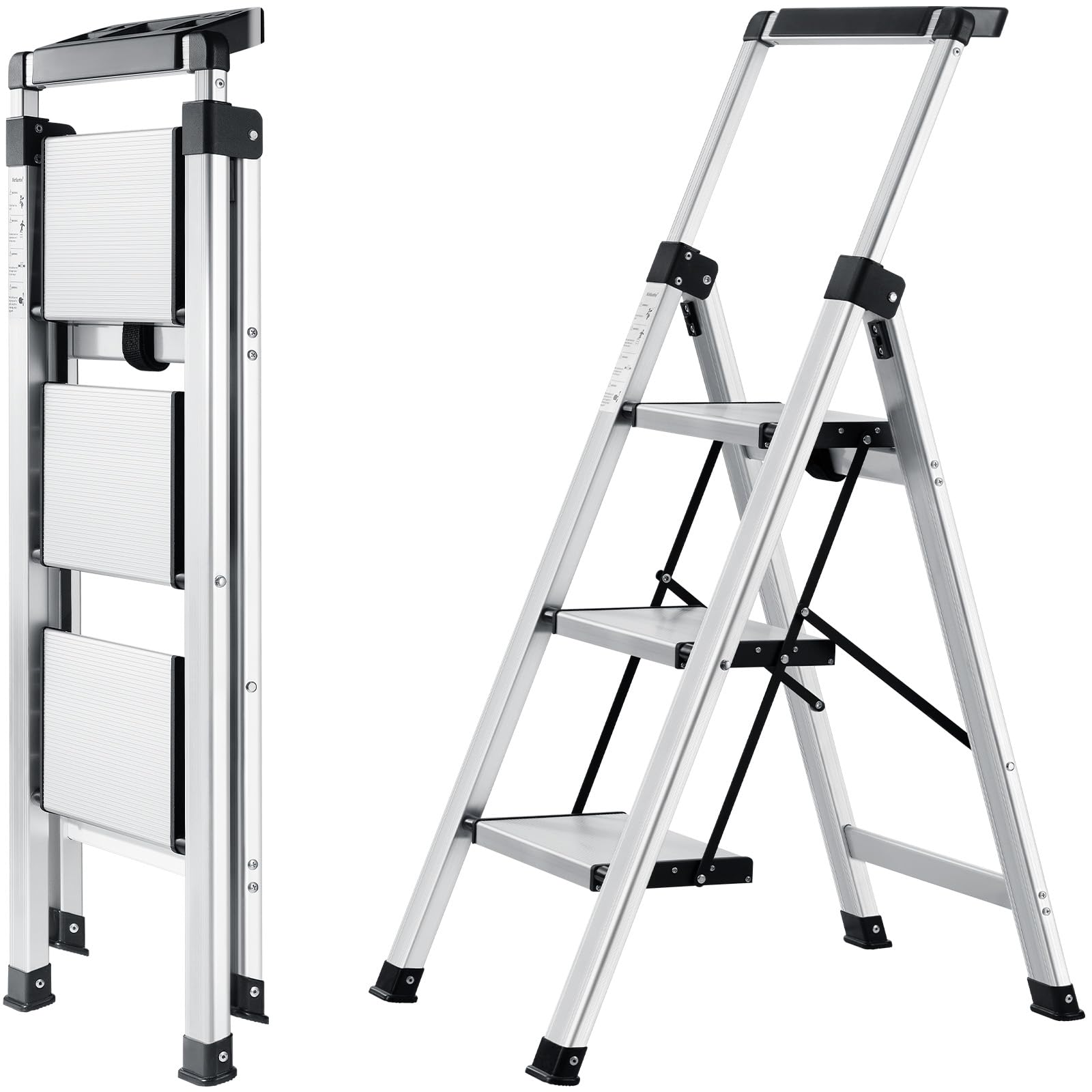 XinSunho 3 Step Ladder Foldable, Folding Step Stool With Extendable Handrail, Lightweight Aluminium Step Ladder For Home, Non-Slip Portable Ladder For Kitchen, Library And Office ,Maximum Load 150 Kg