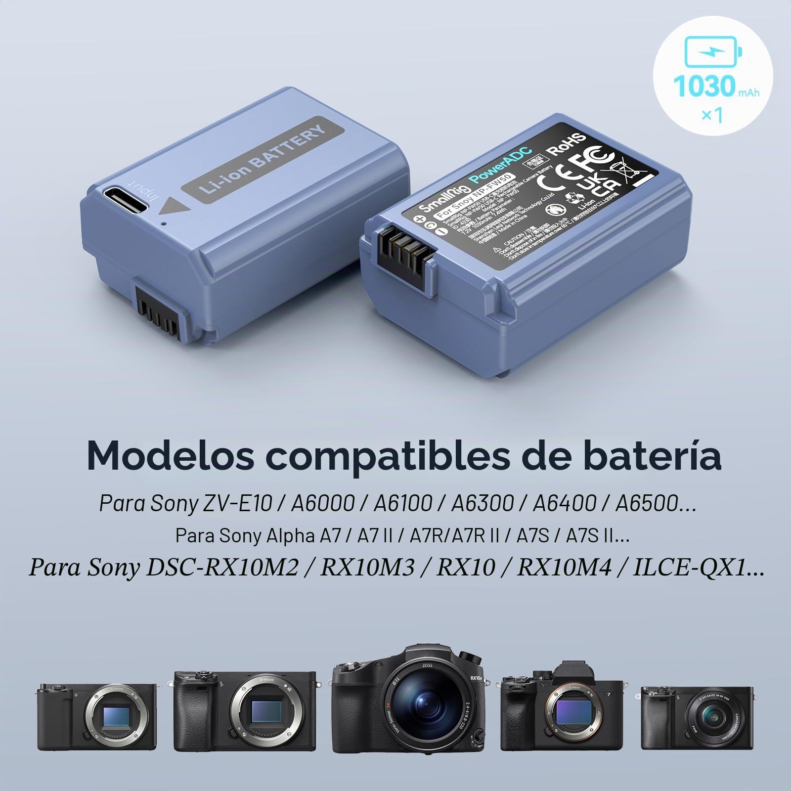 SMALLRIG Compatible con NP-FW50 1030mAh Batería de Cámara para Sony A7S II / A7R II/ZV-E10, Batería Recargable de Carga Rápida USB-C para SonyA7,A7S,A7R,A6400,A6500,A6300,A5000,A5100,A6000,RX10-4330