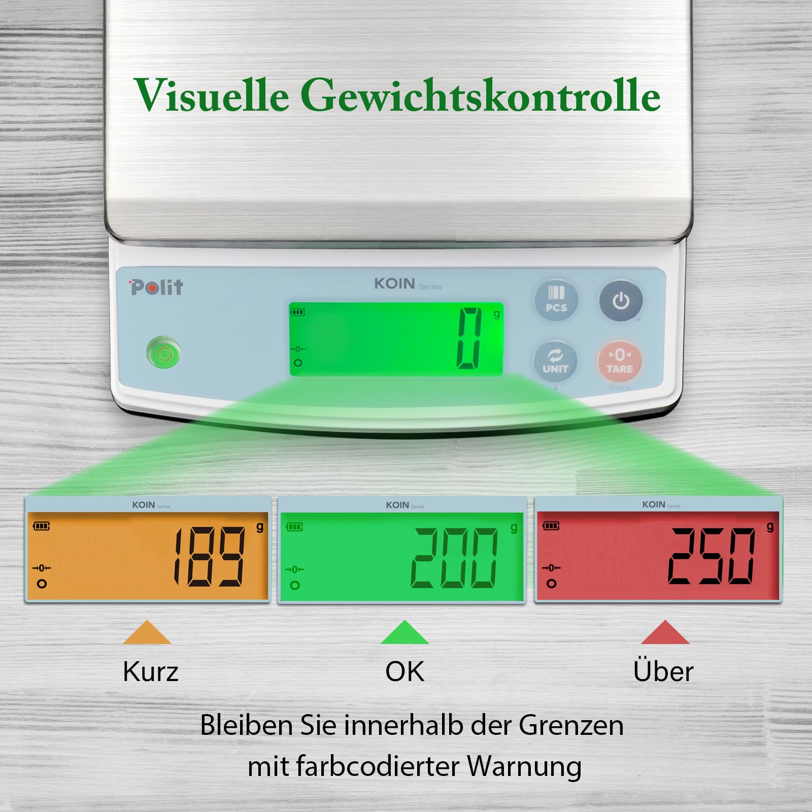 Polit KOIN Digitale Küchen- & Paketwaage 18 kg, wiederaufladbar, 1 g genau | Abnehmbare Edelstahlschale, Dreifarbige Anzeige, Tara-Funktion, 5 Wiegeeinheiten, Für Backen, Marktstand & Gewerbe