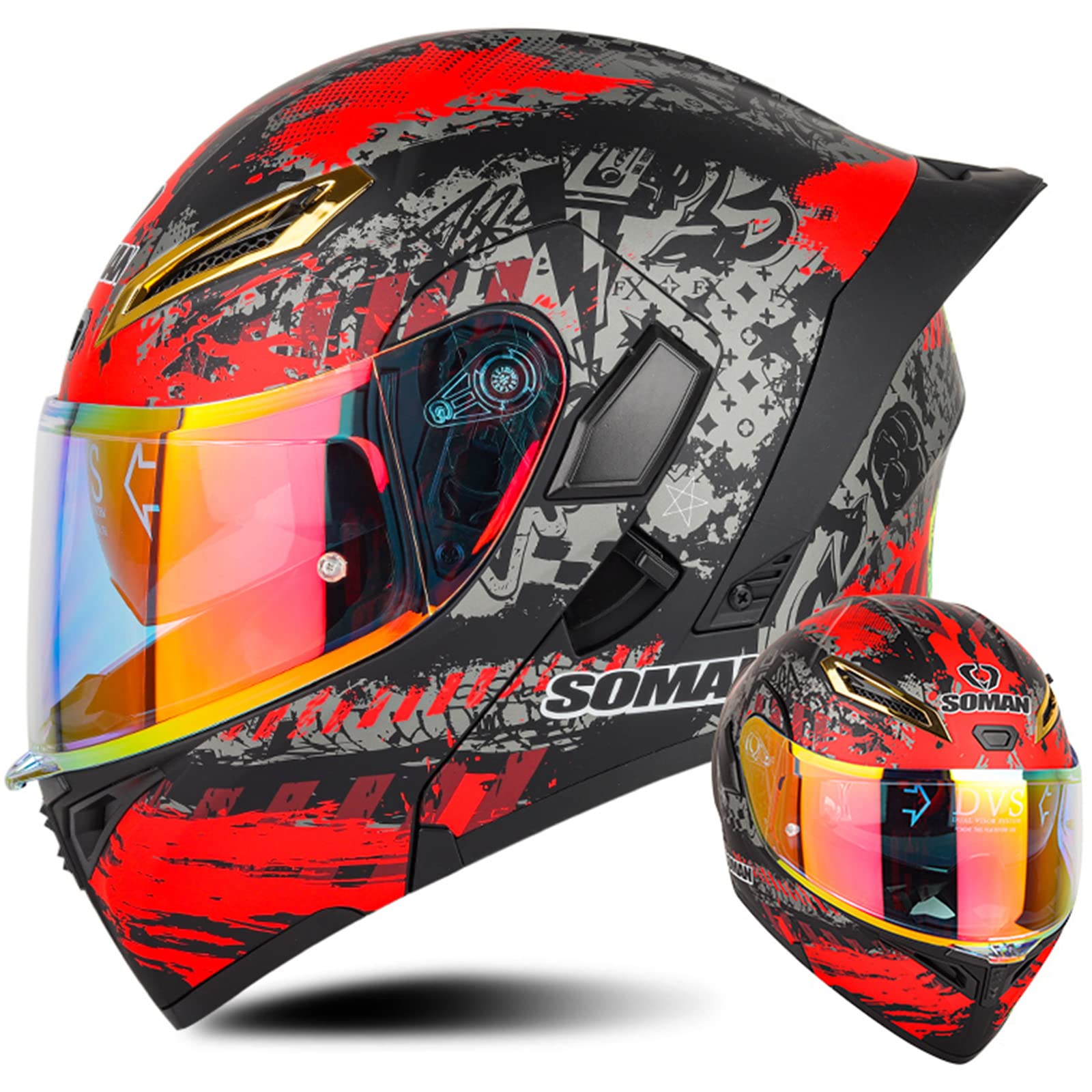 Casco Moto Modulare, Caschi Moto Apribile con Doppia Visiera Lente a Colori, Casco Moto Integrali Casco Scooter Motocicletta per Donna e Uomo, Rosso-M(57~58cm)