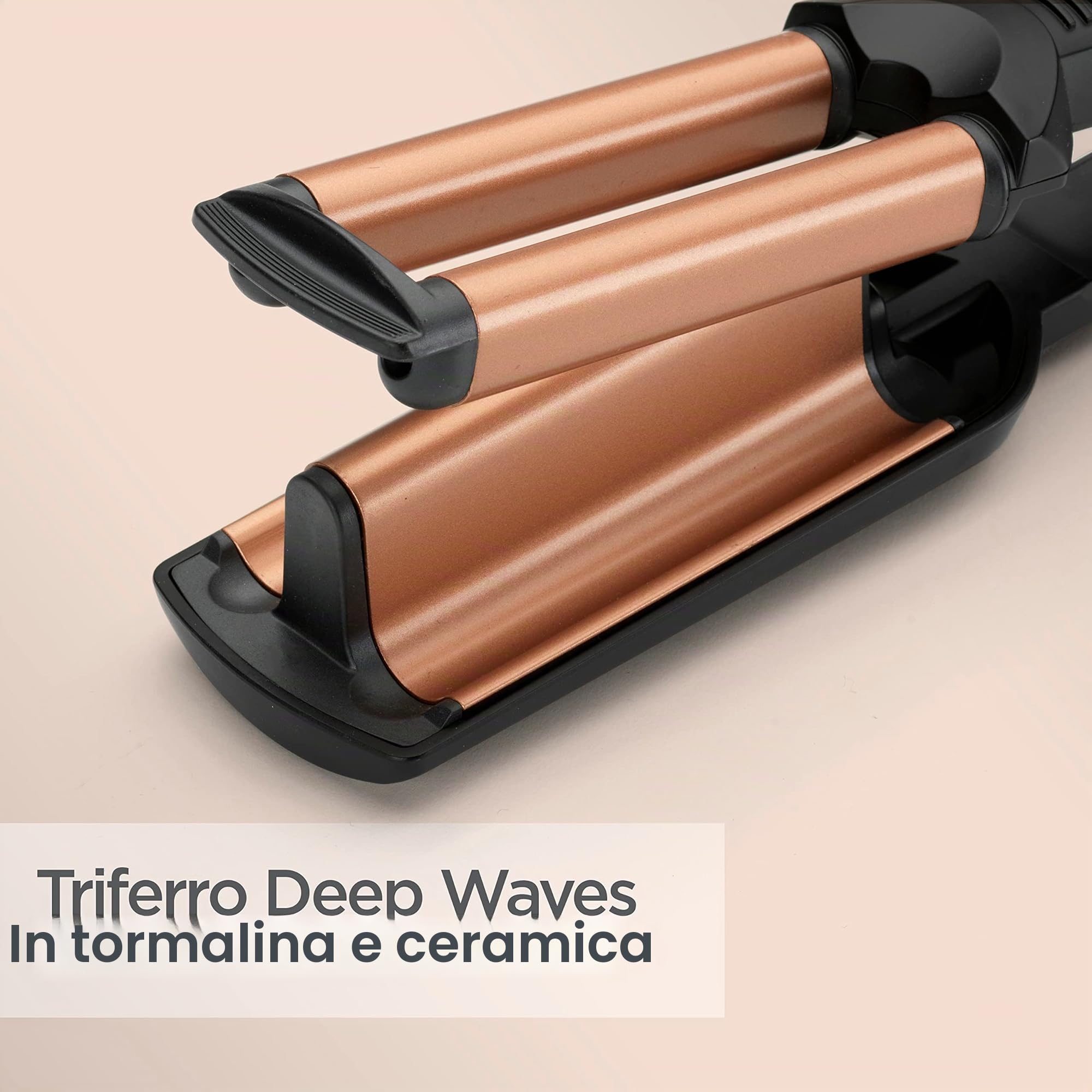 BaByliss Triferro Deep Waves, Beach Waves, Ceramica, 3 Temperature (160°C - 200°C), Punta termo-resistente, Riscaldamento rapido, Oro e Nero, W2447E