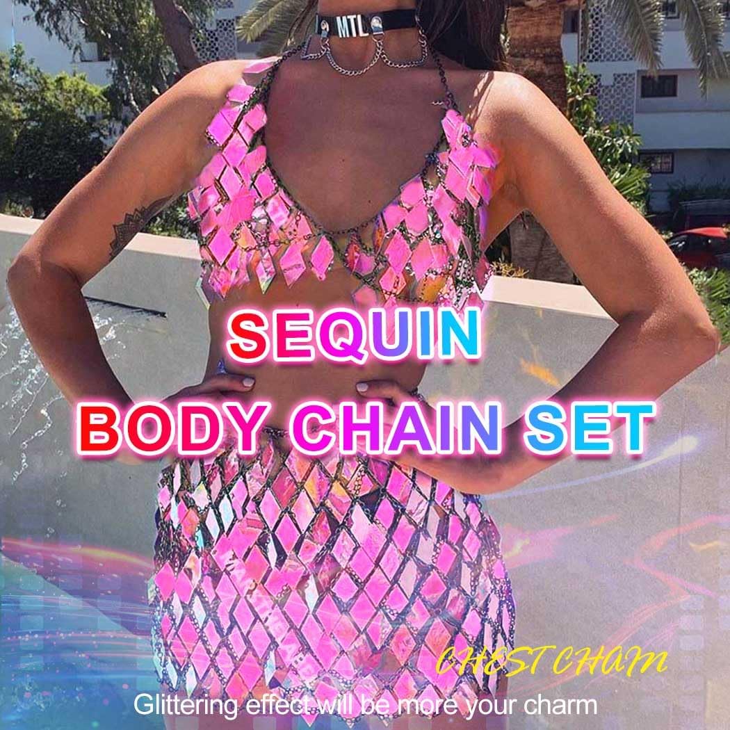 Nicute Sequin Set Women 2 Piece Outfit Body Chain Skirt with Top Rave Outfits for Wome - Image 3