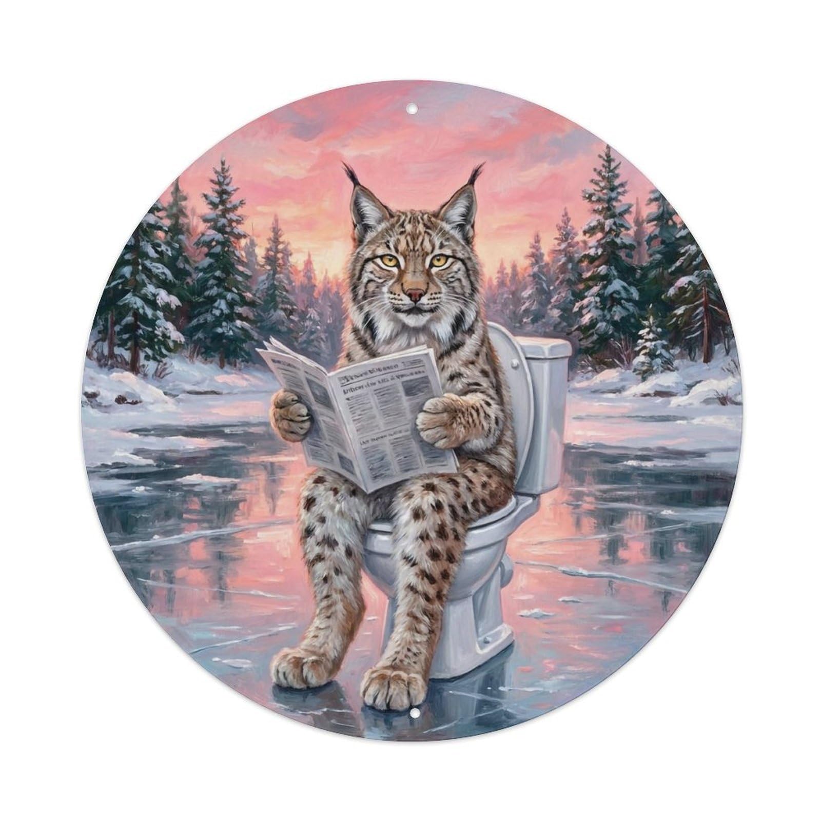 Lynx On Toilet Humorous Bathroom Frozen Lake Dawn Metal Tin Sign