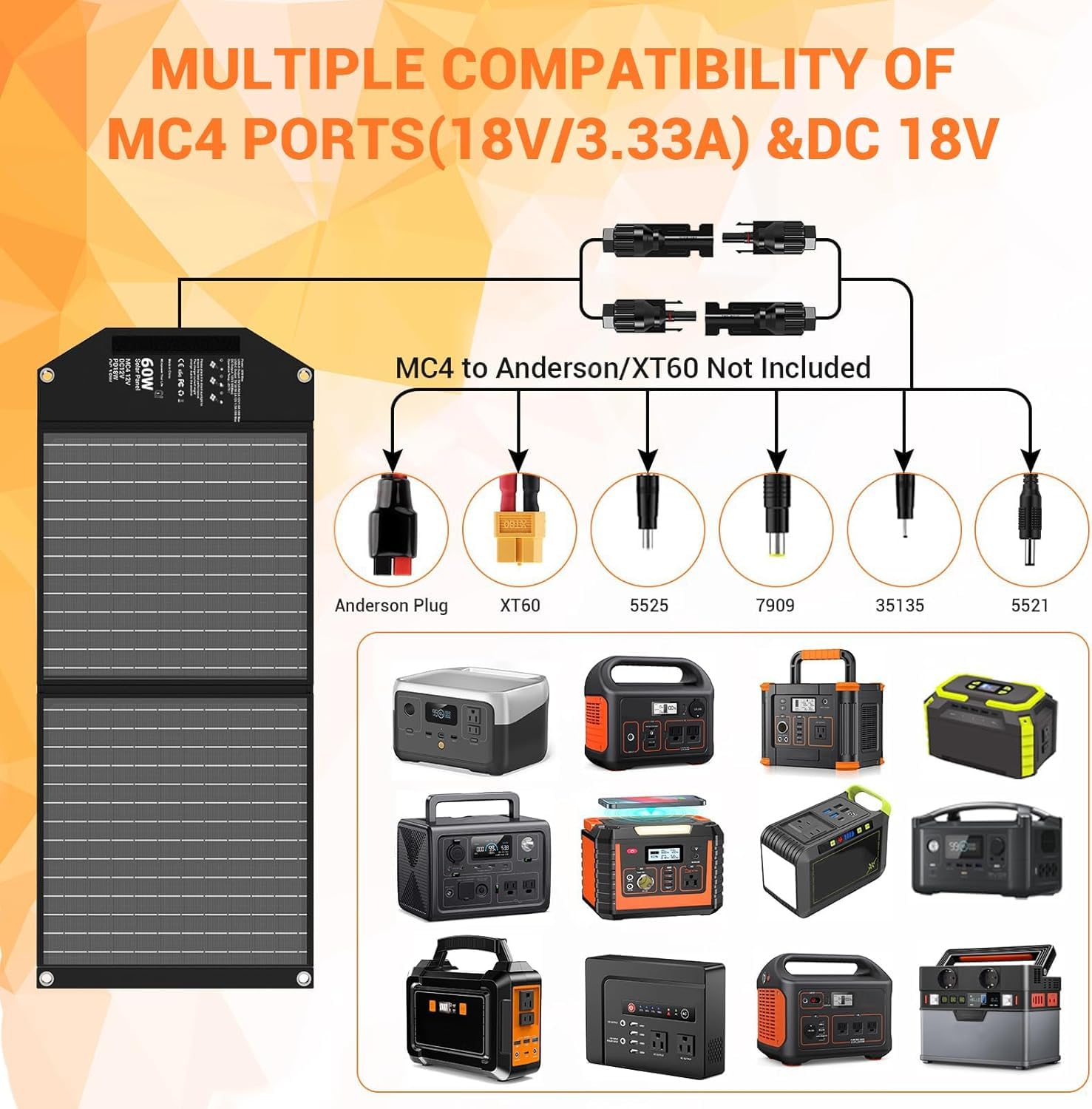 Panel Słoneczny 60 W, Składany, Z 5 Złączami, 18 V MC4 / 18 V DC/QC 3.0 USB-A i USB-C (PD 45 W), Ładowarka Solarna Ze Stojakiem, Przenośny
