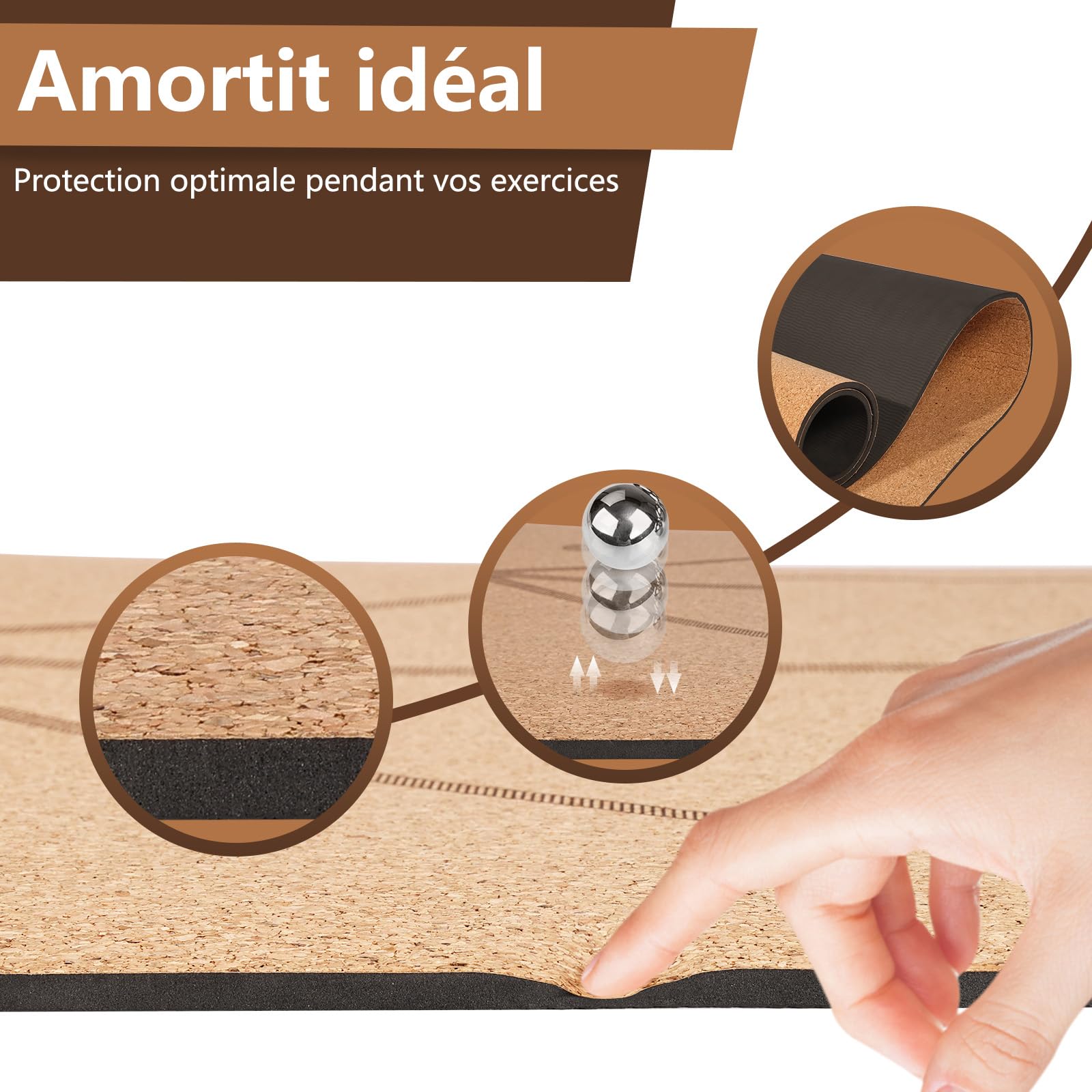 DH FitLife Tapis de yoga en liège et TPE, mat 183 x 61 x 0,6 cm, tapis de fitness, antidérapant et respectueux de l'environnement, tapis de sport naturel autonettoyant