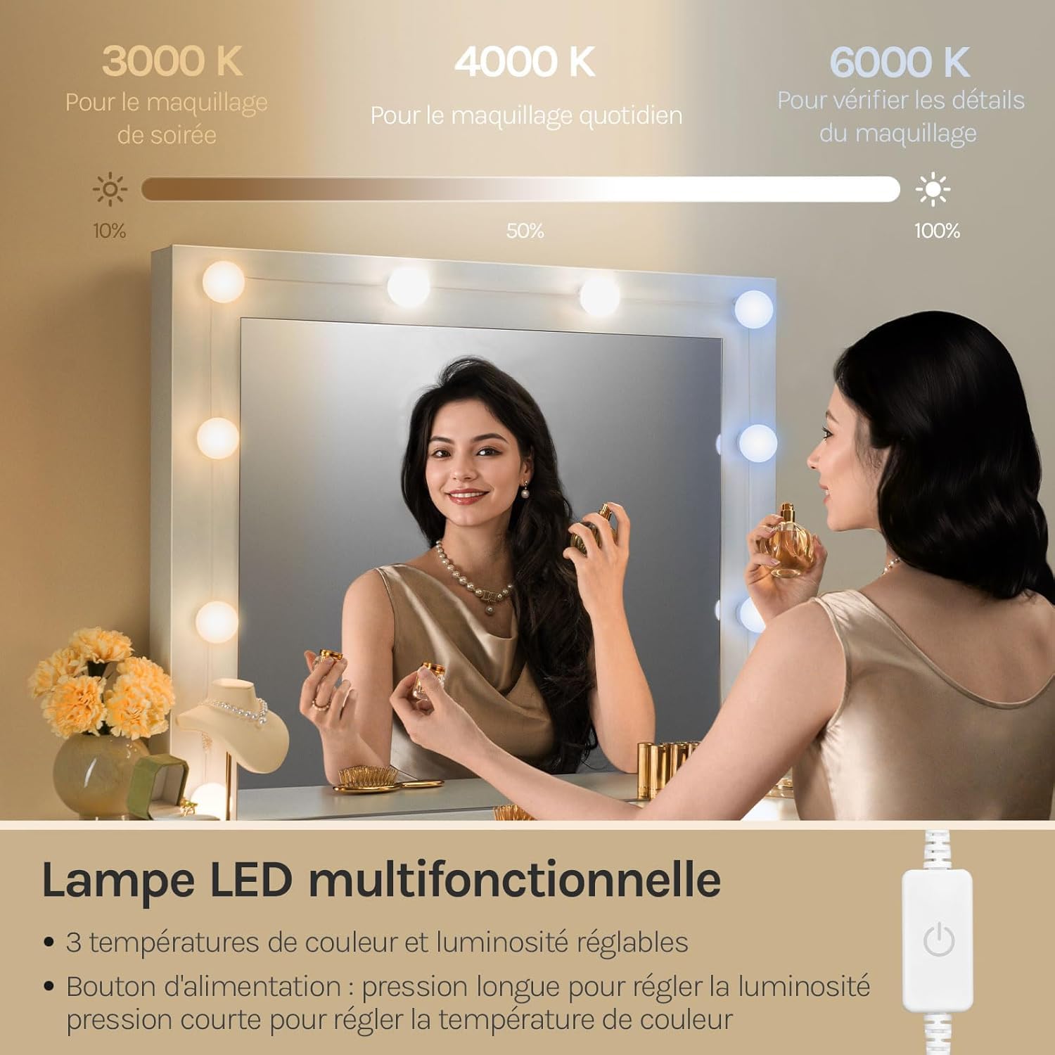 WOLTU Coiffeuse avec Miroir LED à Luminosité Réglable, Table de Maquillage avec 7 Tiroirs, 107x39,5x140,5cm, Blanc, MB6099ws