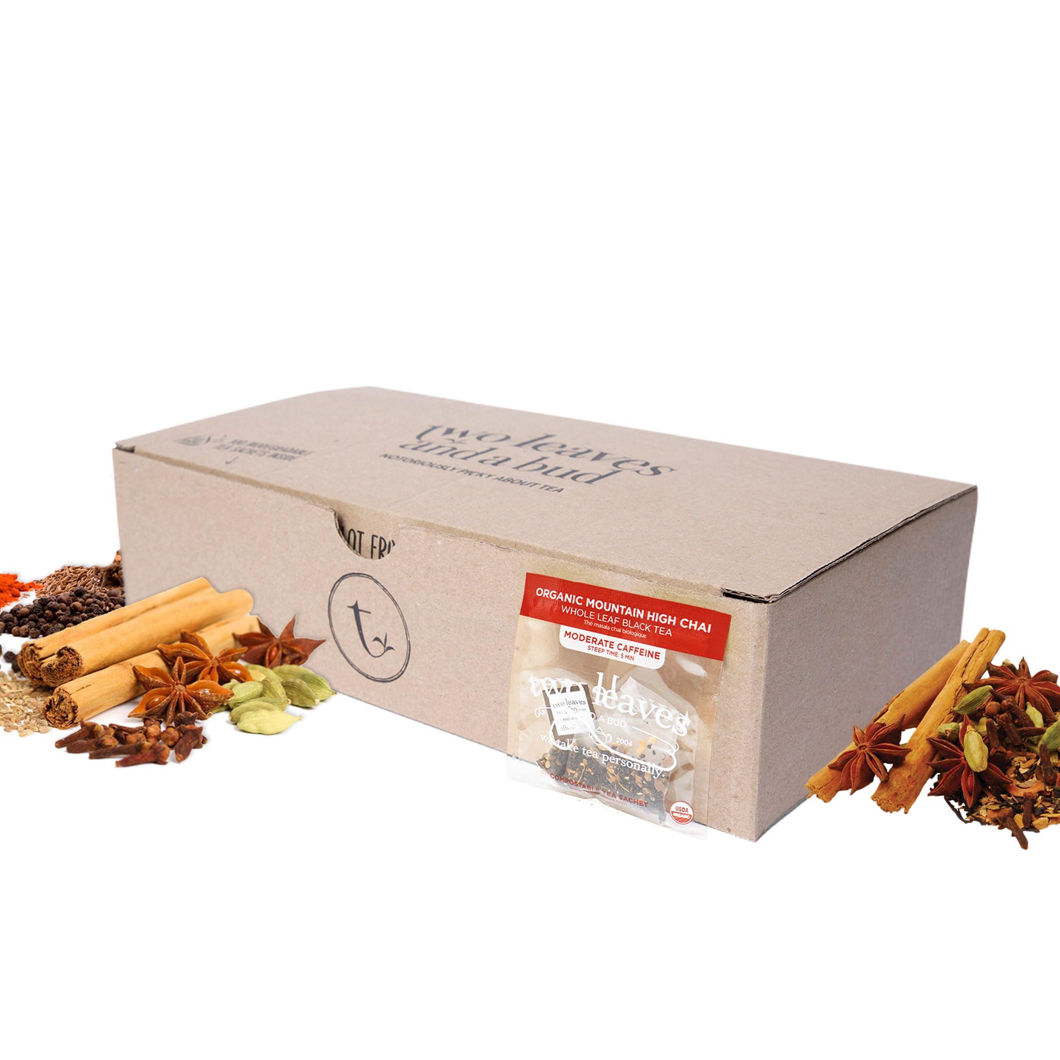 Two Leaves and a BudOrganic Mountain High Chai Tea Bags, Whole Leaf Black Tea and Spices in Compostable Sachets, Add Milk and Sweetener or Drink Plain, 100 Count (Pack of 1)USDA Organic