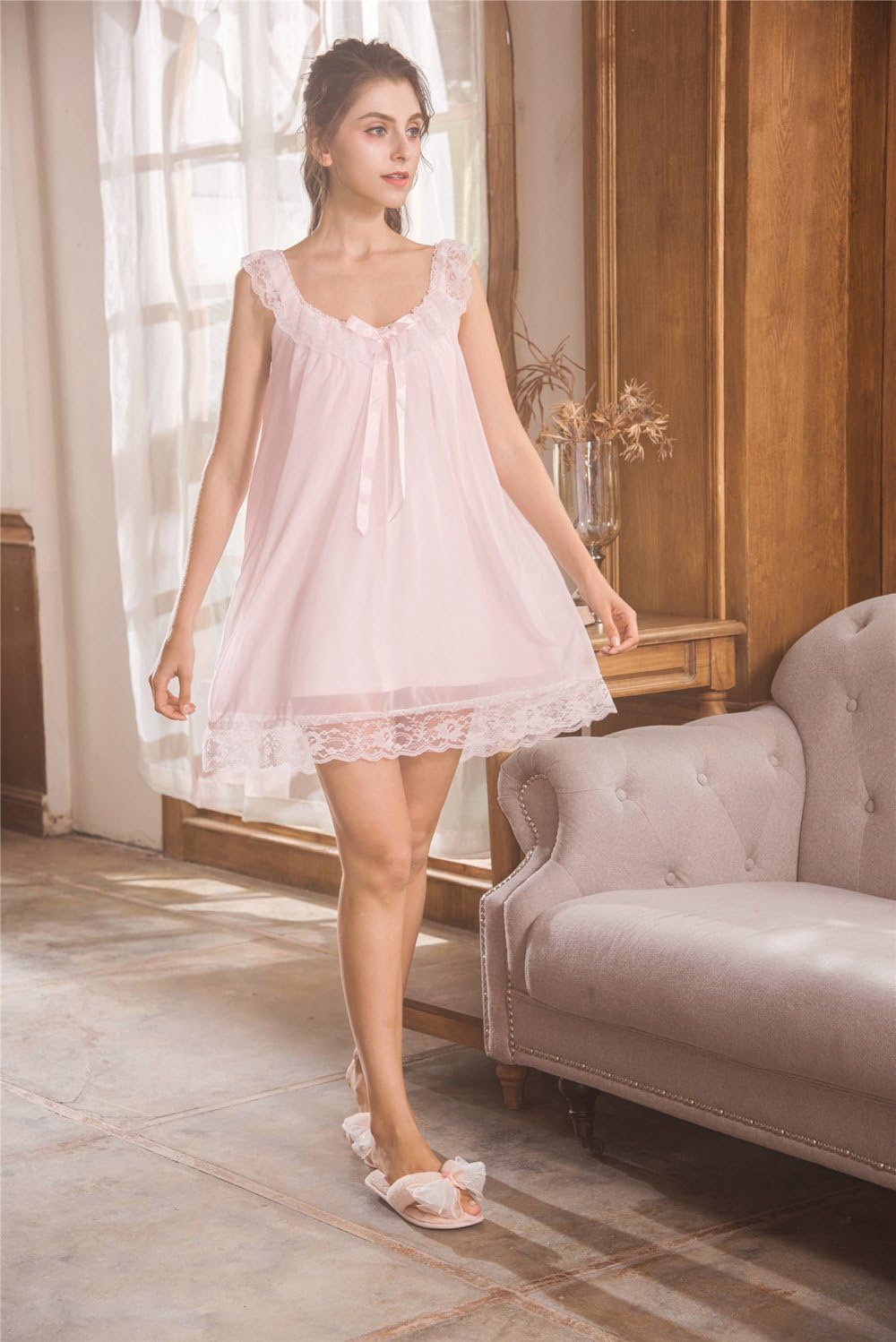 Women's Lace Vintage Victorian Nightgown Ladies Sleeveless Sleep Dress - Image 3