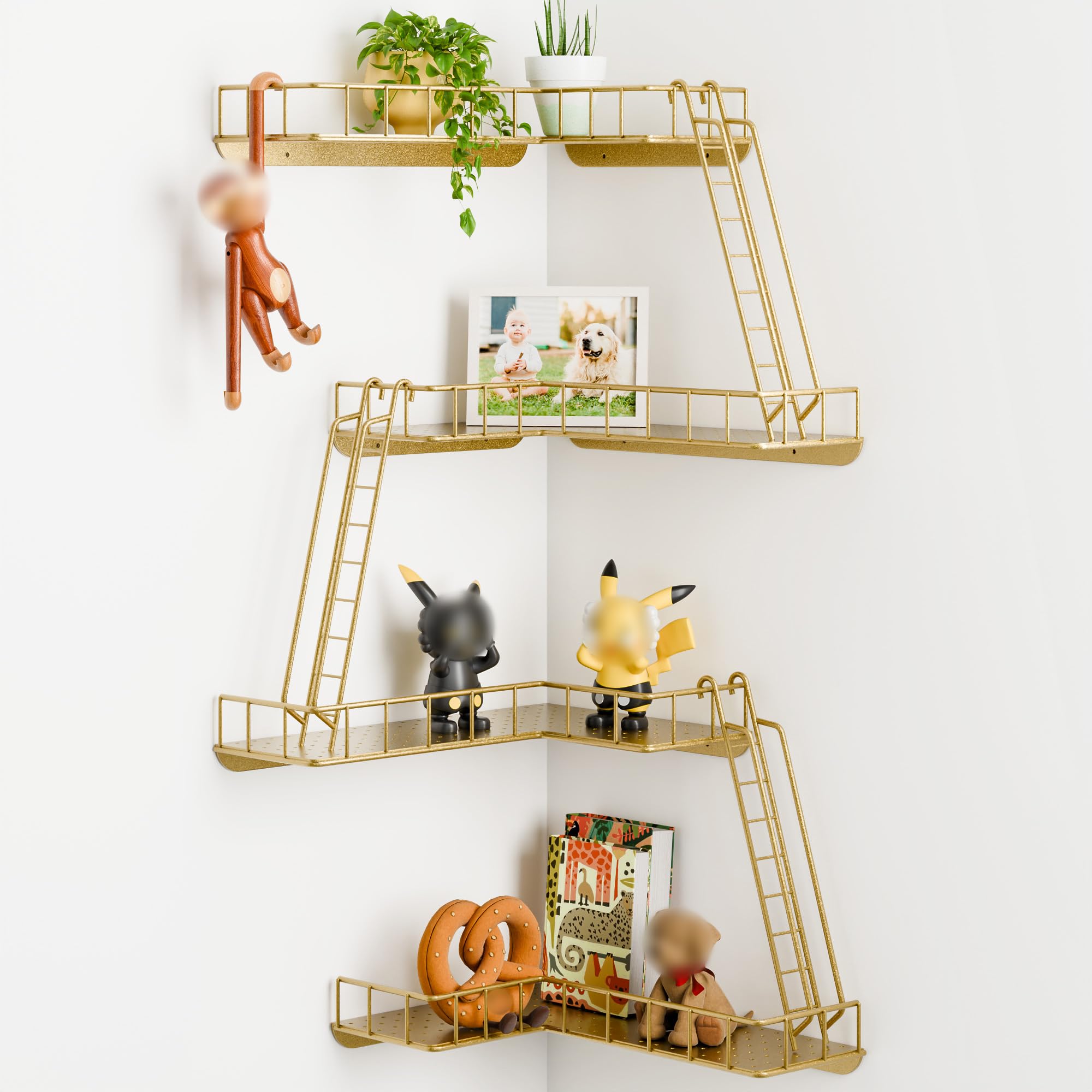 Photo 1 of WOPITMER Fire Escape Wall Shelf - Modern City Style 4-Tier Corner Wall Shelves, Easy to Install Metal Ladder Shelf for Figures, New York Decorative Shelves for Bathroom, Living Room & Home Decor,Gold