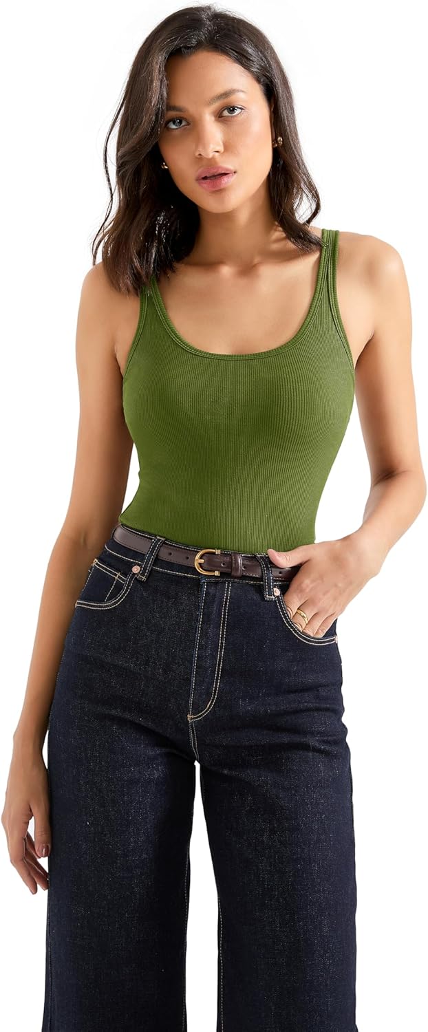 SUUKSESS Women Padded Cotton Ribbed Long Tank Tops Casual Summer Going Out Sleeveless Scoop Neck Basic Cami Tops - Image 5