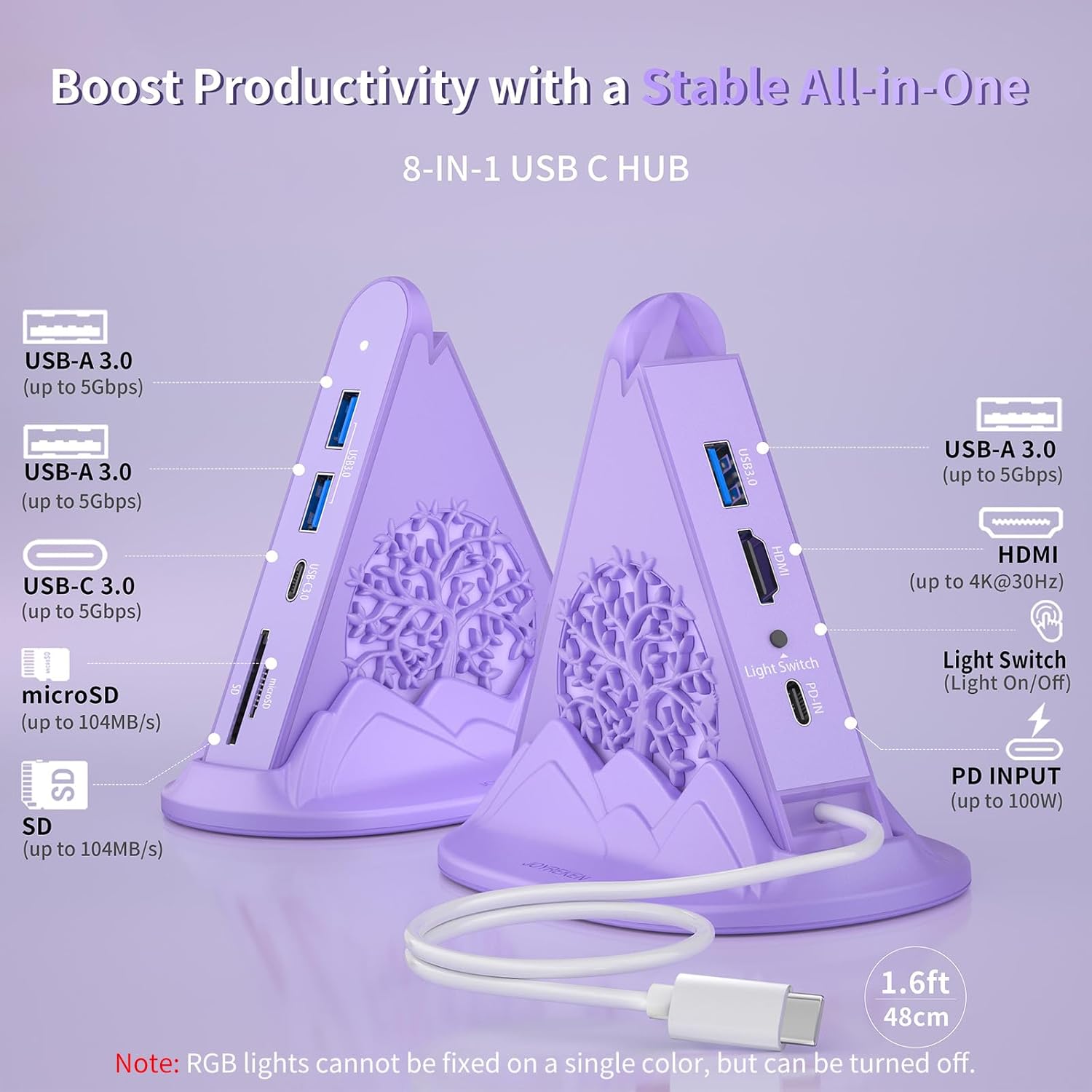 USB C Hub, Purple 8-in-1 Type C Multiport Adapter with 4K@30Hz HDMI, 100W PD, 5Gbps 1xUSB-C, 3xUSB-A 3.0, SD/TF Slots ＆ RGB Lighting, Purple USB Hub for MacBook Air/Pro, iPad, iMac, Surface