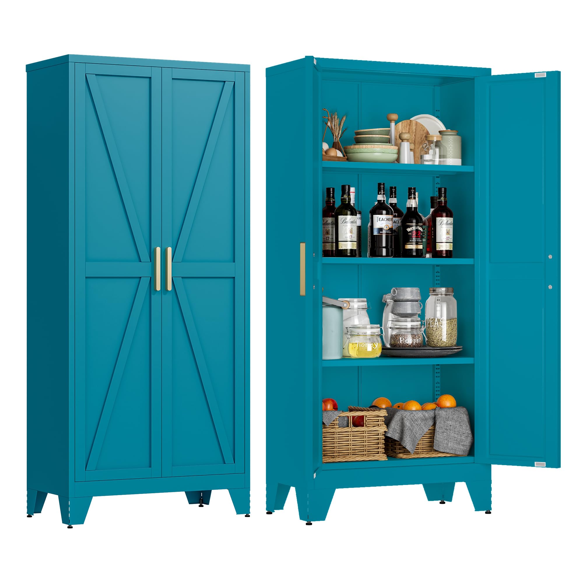 LCAOPC 61" Tall Metal Storage Cabinet with 2 Doors and 3 Adjustable Shelves, 4-Tier Kitchen Pantry Storage Cabinet for Kitchen, Living Room, Dining Room and Office, Blue