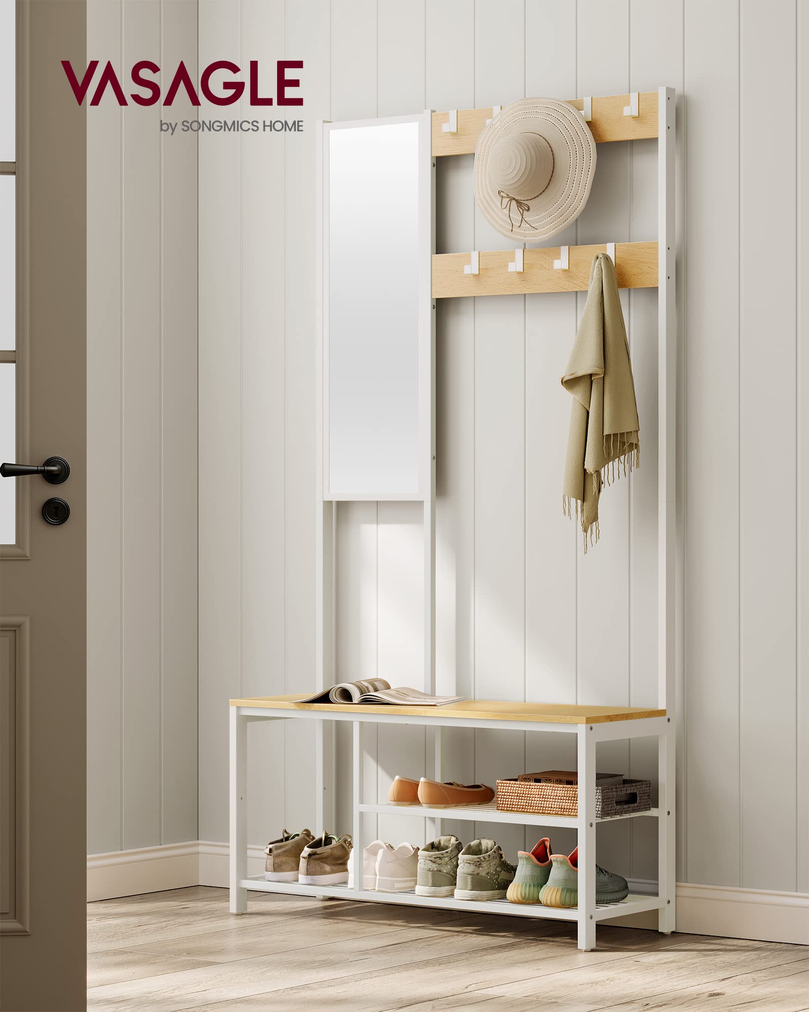 VASAGLE Appendiabiti, Mobile Ingresso con Ganci, Specchio, Panca Scarpiera e Ripiani, 36 x 98 x 185 cm, Corridoio Camera da Letto Salotto, Color Rovere e Bianco HSR050W09