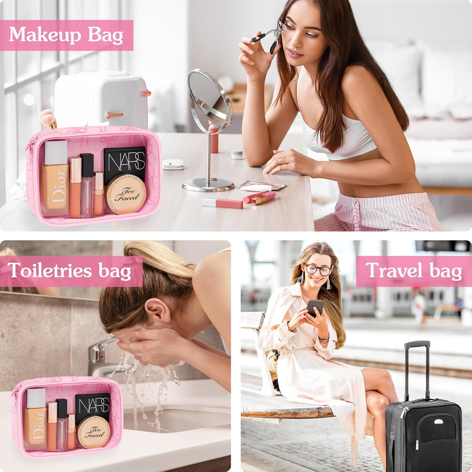 Pink Clear Bow Cosmetic Bag for Women Girls Cute Bow Travel Bag Coquette Zipper Model Cosmetic Bag for Birthday Gift (Heart Bow) - Image 6
