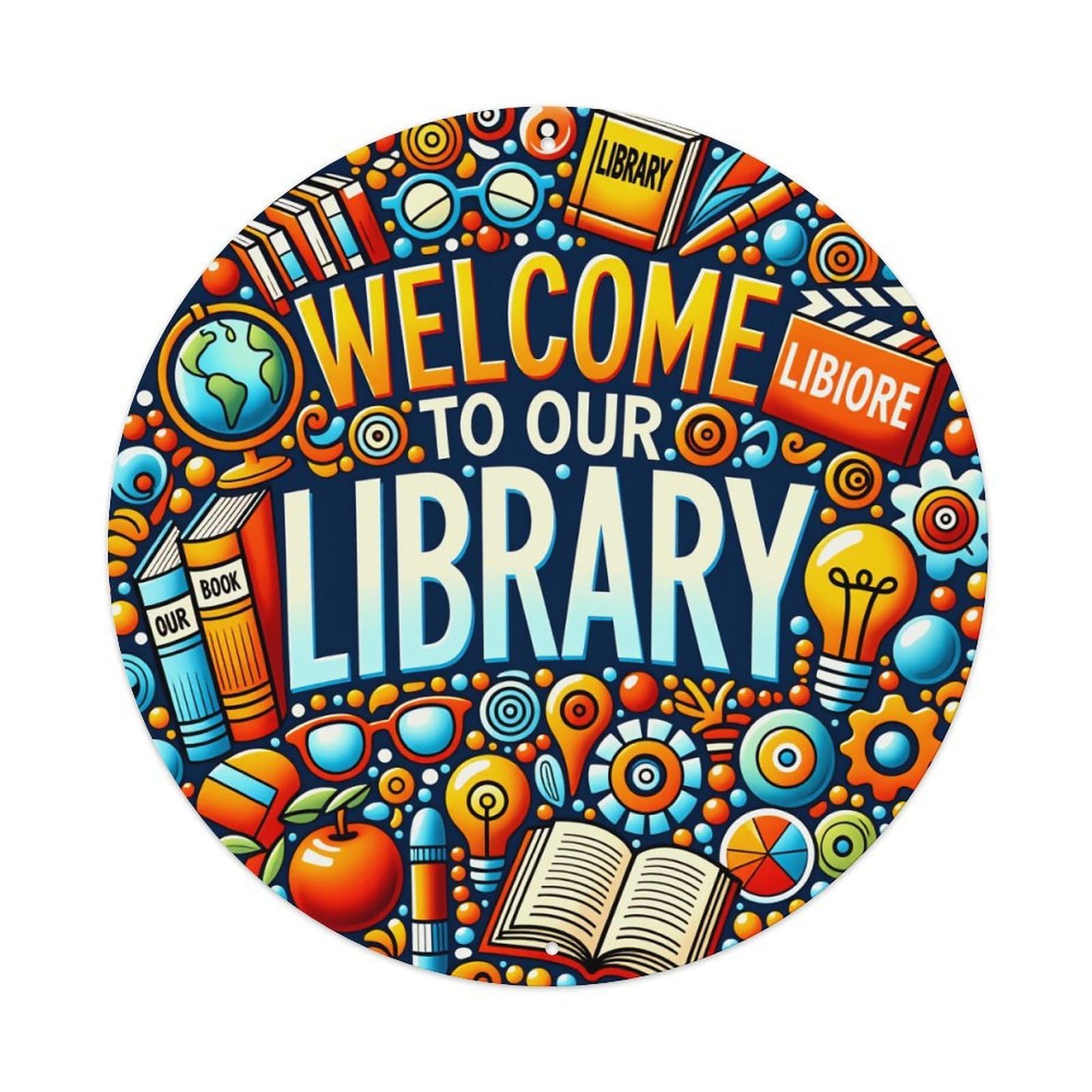 Colorful Library Welcome Design Pattern Round Tin Sign Vintage Style Metal Sign Home Bar Garden Wall Plaque Decor Metal Poster 8x8 Inch