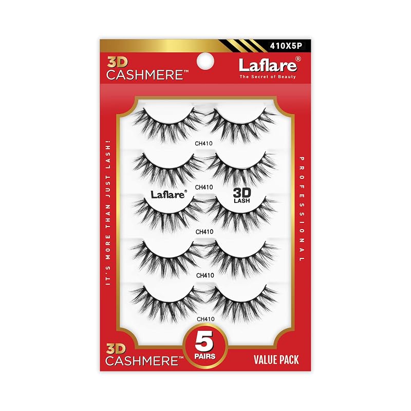 Cílios postiços 3D Cashmere Laflare, modelo 410X5P, pacote com 5 pares