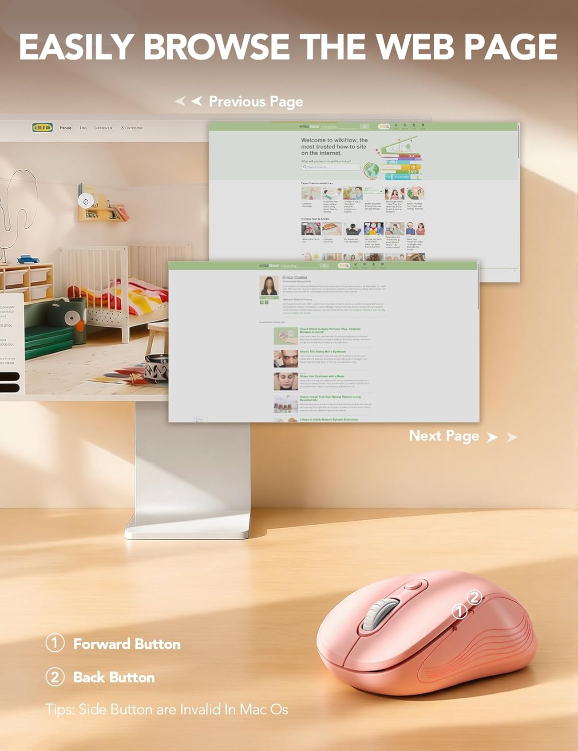 Trueque Wireless Mouse in baby pink on a desk, with a computer screen in the background showing web pages, illustrating the function of the forward and back buttons.