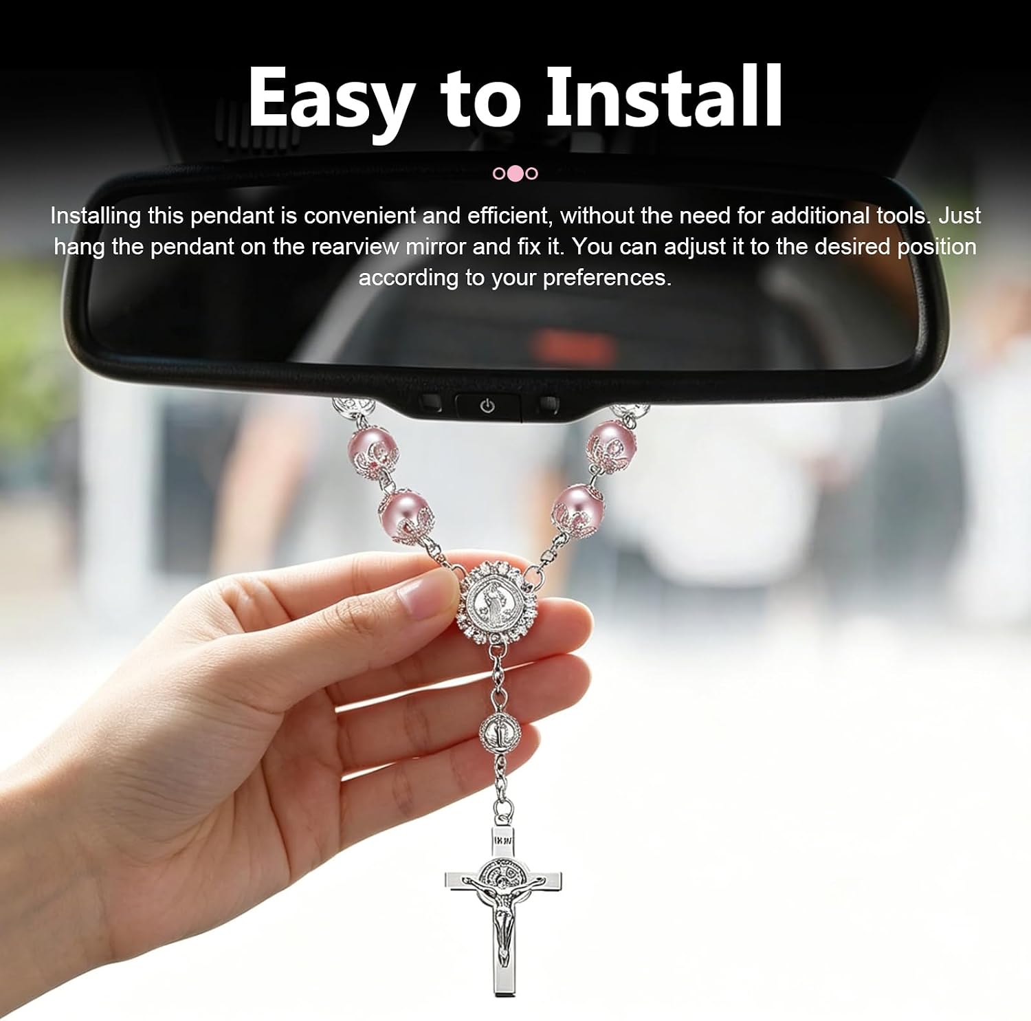 Car Rosary for Rearview Mirror, Personalized Cross Rosary Hanging Pendant, Auto Blessing Bead Mirror Hanger Ornament, Car Interior Hanging Accessories (Pink)