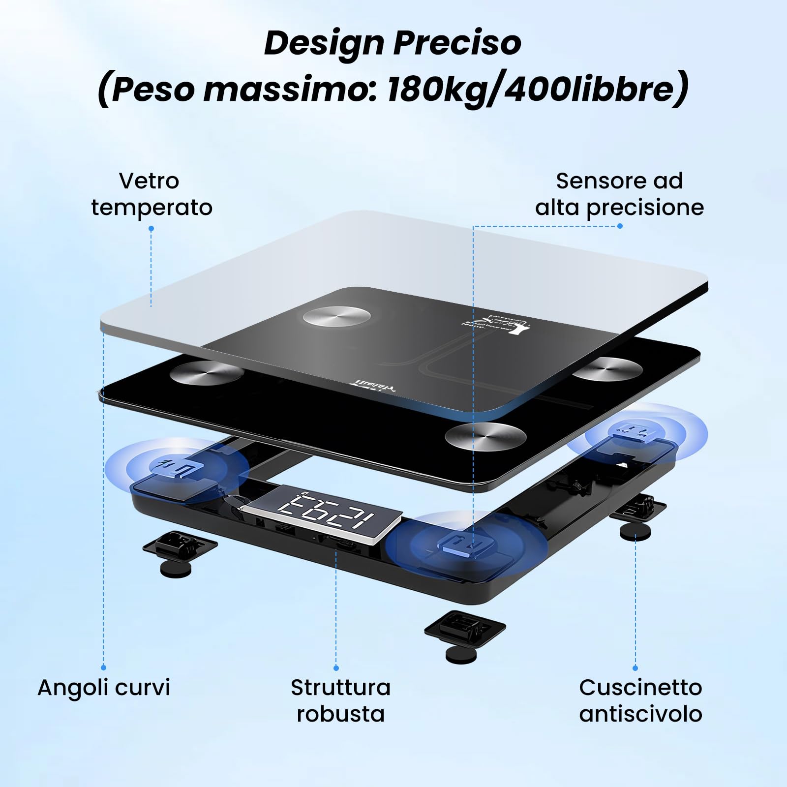 Himaly Bilancia Pesa Persona Digitale Bilancia Pesapersone Impedenziometrica Professionale Elettronica, Compatibile con Bluetooth, Peso di 180 kg per IOS e Android