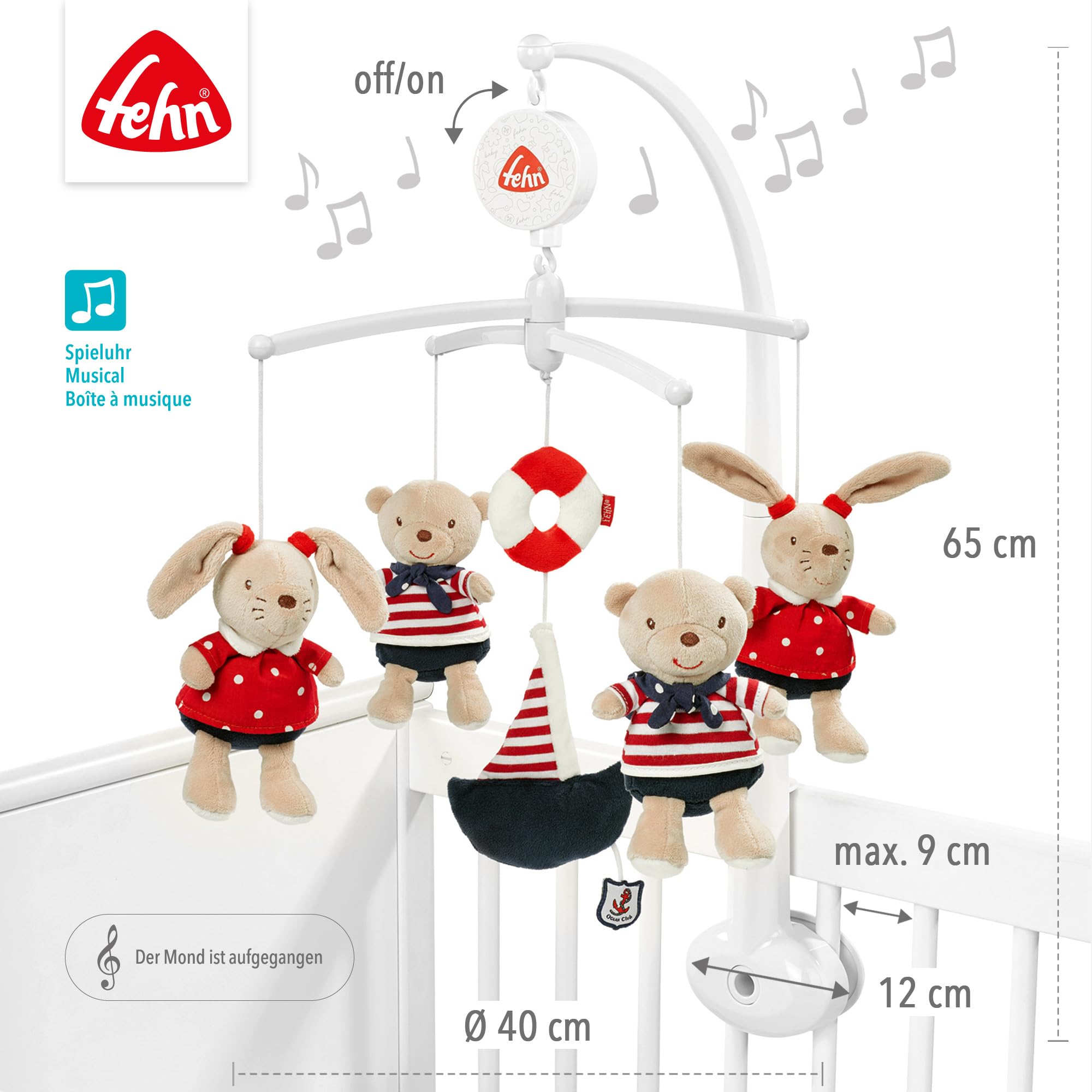 Fehn Musik Mobile Ocean Club - Baby Einschlafhilfe Musikspielzeug mit süßen Tieren - Babymobile Spieluhr Melodie "Der Mond ist aufgegangen" - Musikmobile Babybett Spielzeug für Babys von 0–5 Monaten