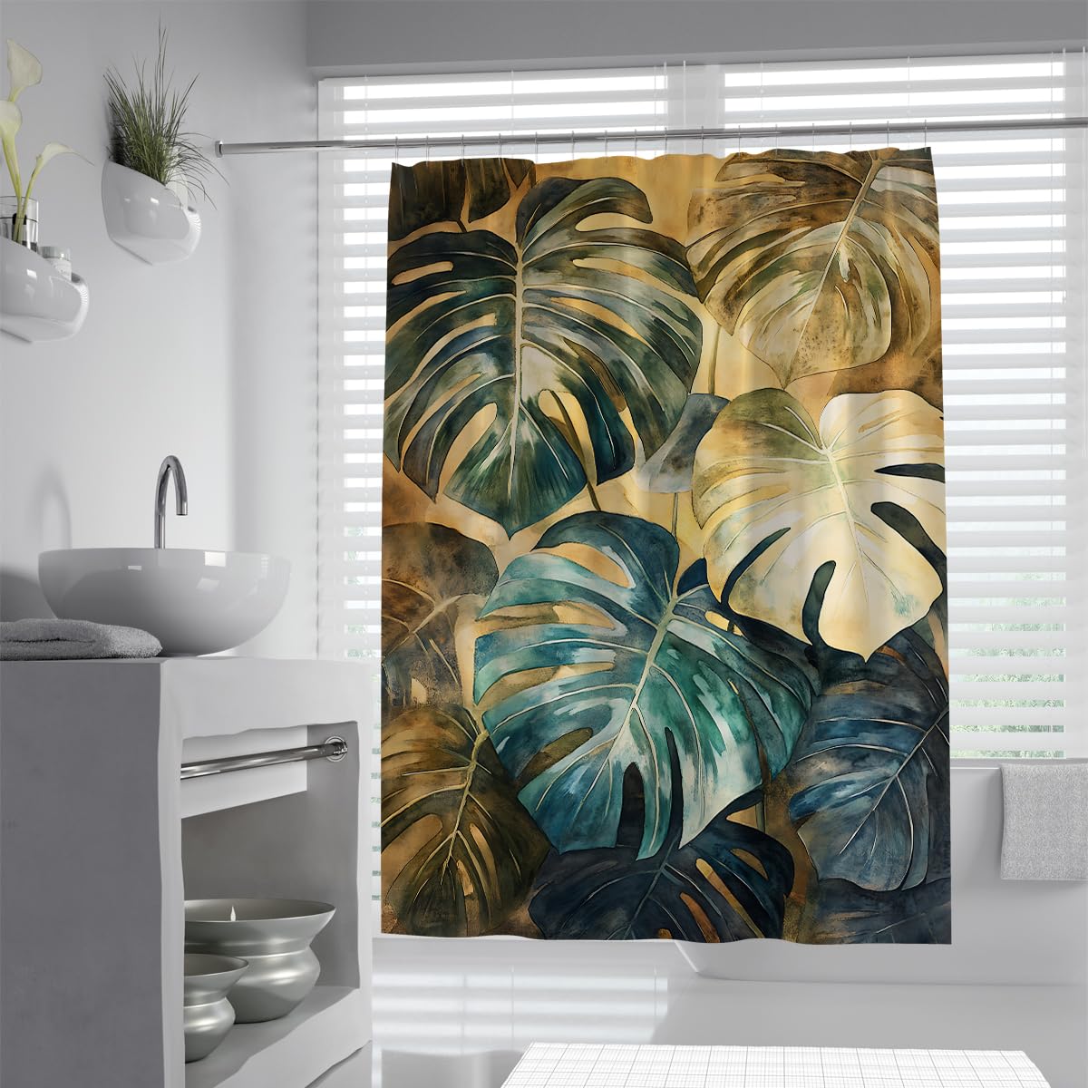 UERWOWELL Luxury Nordic Botanical Design Shower Curtain Elegant Monstera Foliage Shower Curtain Tropical Palm Leaf Pattern Bathroom Curtains Waterproof Fabric W200xL200 cm