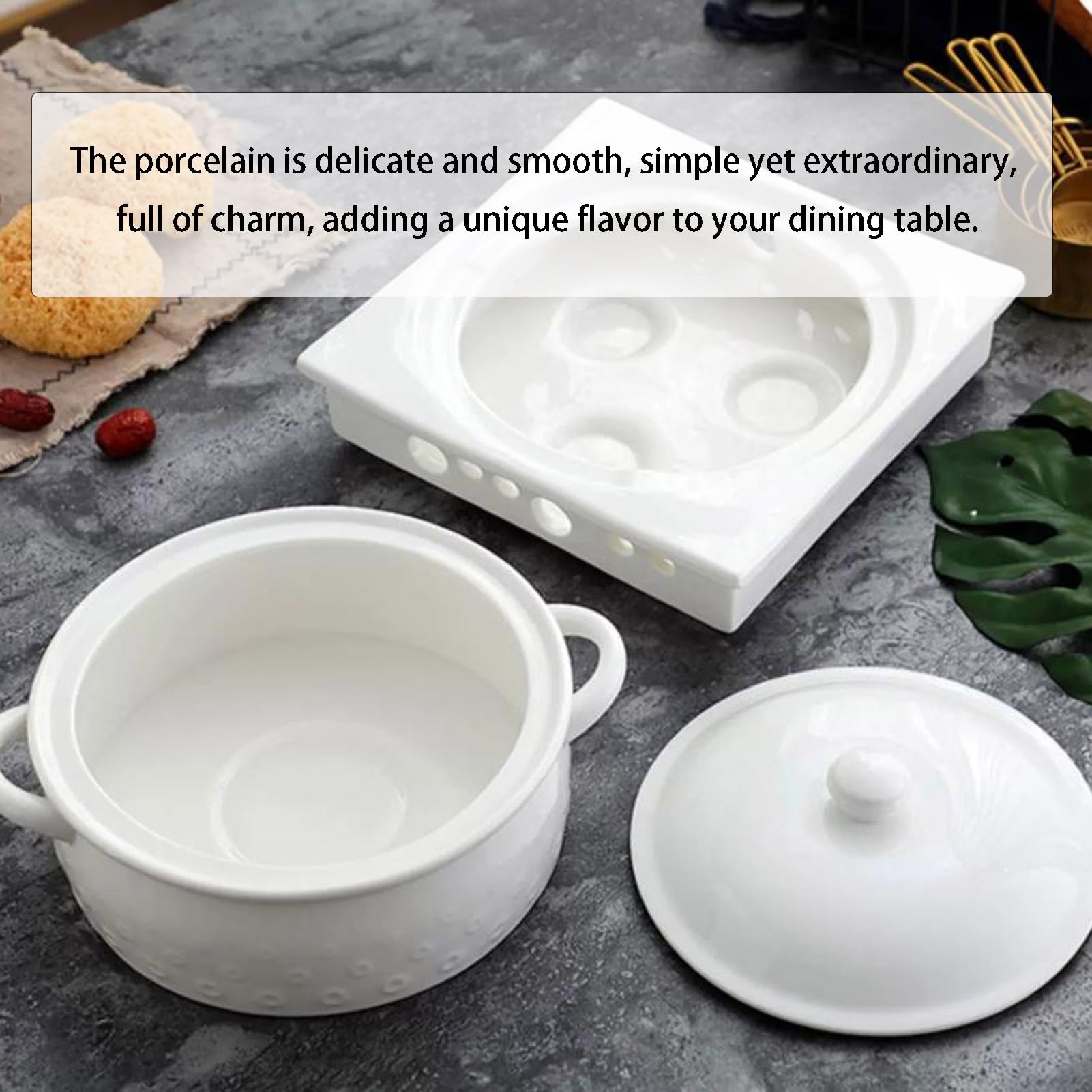 Zuppiera grande in ceramica con coperchio, ciotola a doppia maniglia, decorazione per la casa per la cucina del ristorante