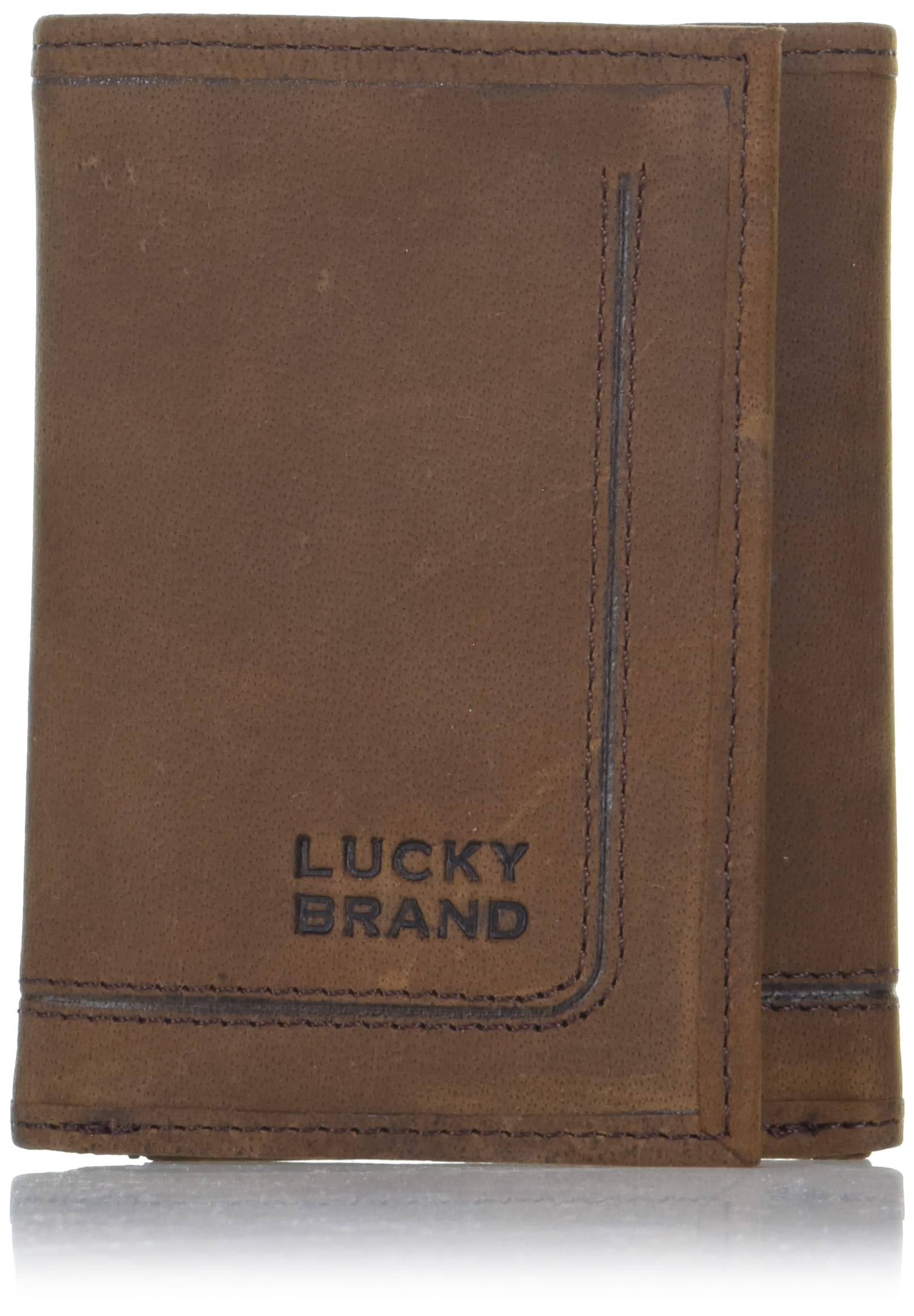 Lucky Brand Men's Embossed Trifold and L-fold Wallet (Available in Cotton Canvas Or Leather), Grooved Leather - Brown, One Size