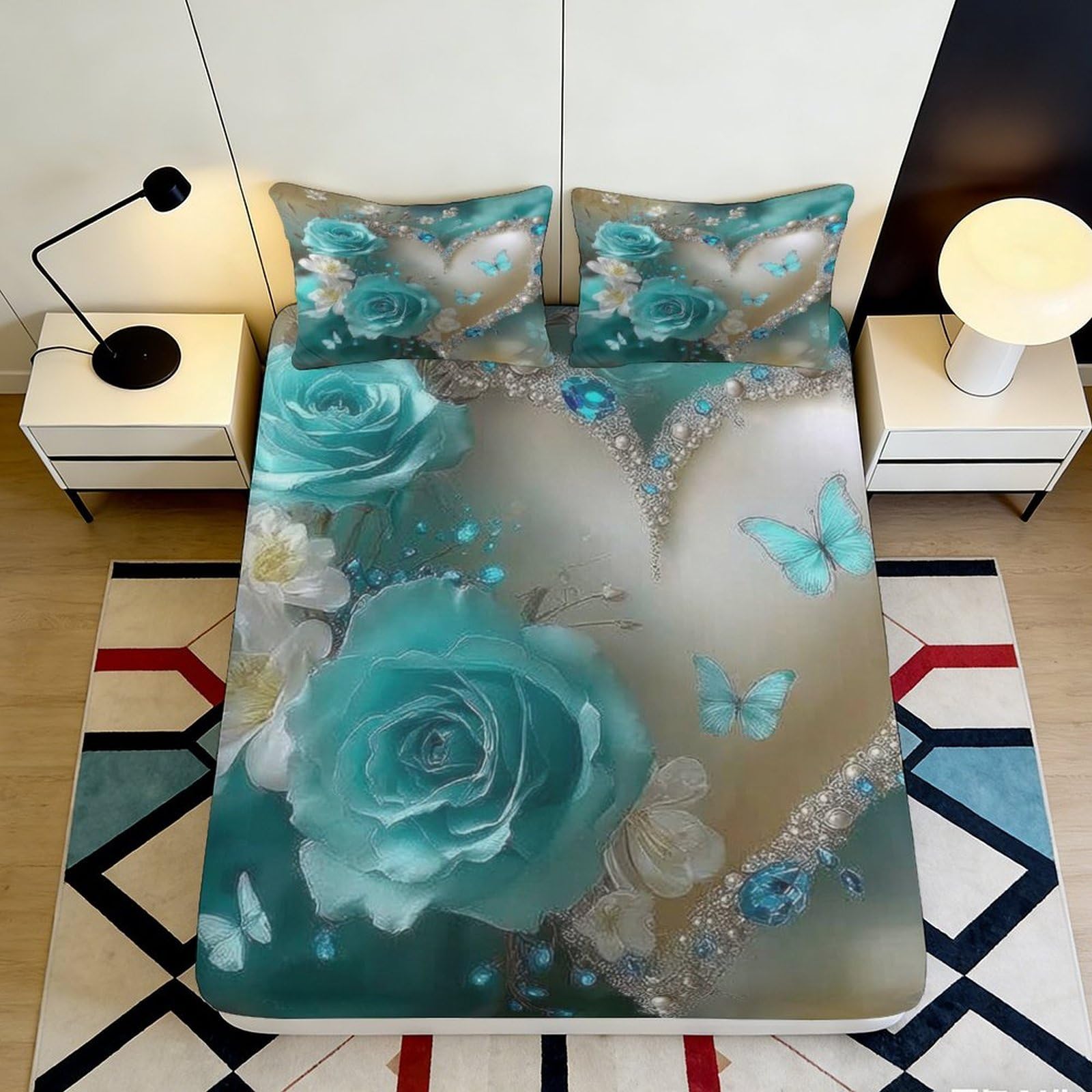 3D Printed Turquoise Rose Fitted Sheet Microfiber Soft Floral Butterfly Mattress Cover for Bedroom Guest Room Decor 90x200x25cm