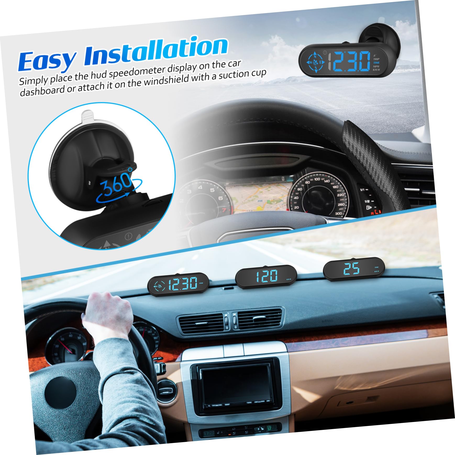 TEHAUX Digital para Coche con Velocímetro y Brújula Inteligente Pantalla Brillante para Visualización Real Aviso de de y Fácil Instalación Salpicadero o Parabrisas