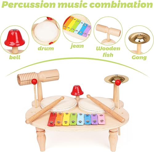 Miniatura 2 de Juego de batería para niños pequeños, instrumentos musicales Montessori, juguete de xilófono de madera, kit de juguetes musicales, mesa musical,