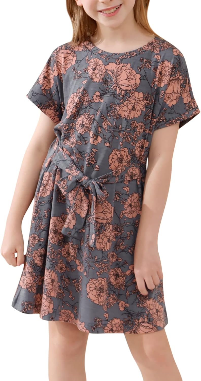 GORLYA Girl's Short Sleeve Tie Waist Casual Swing Midi T-Shirt Dress with Pockets for 4-14T Kids