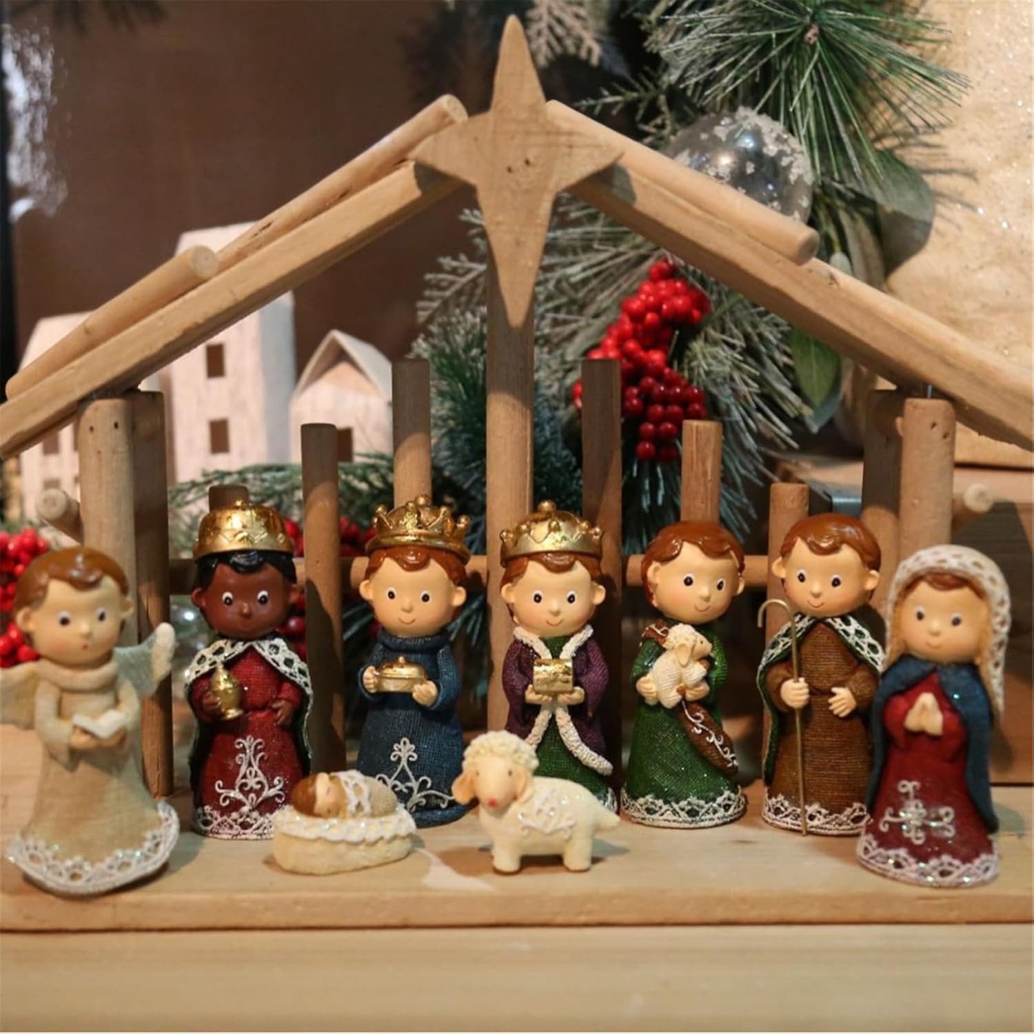 Christmas Nativity Stable Sculpture Set, Resin Holy Family & Animal Figurines for Tabletop Home Holiday Decorations (113 Chars) Christmas Nativity Figurines