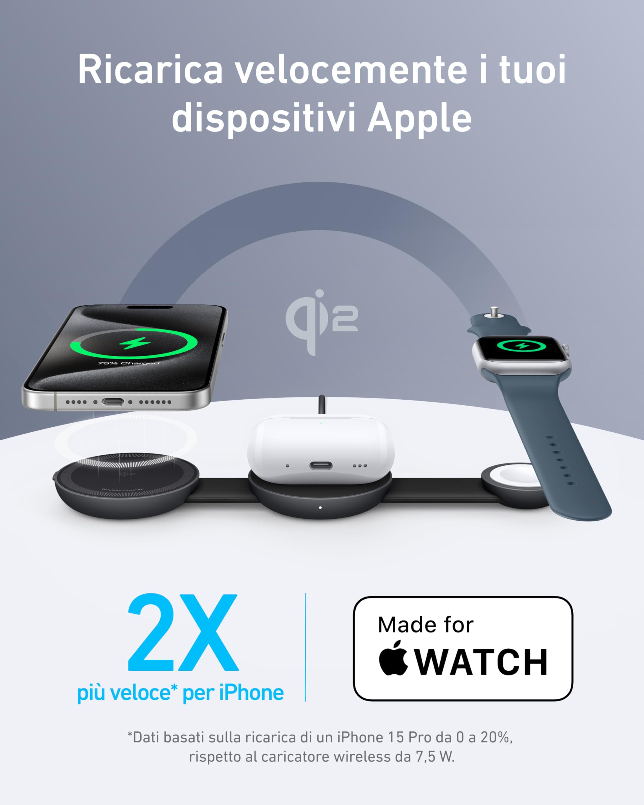 Stazione di ricarica wireless 3-in-1 Anker MagGo 15W, compatibile con MagSafe, certificato Qi2, pieghevole e portatile per iPhone 16/15/14/13, AirPods, Apple Watch e altro (caricatore USB-C incluso)