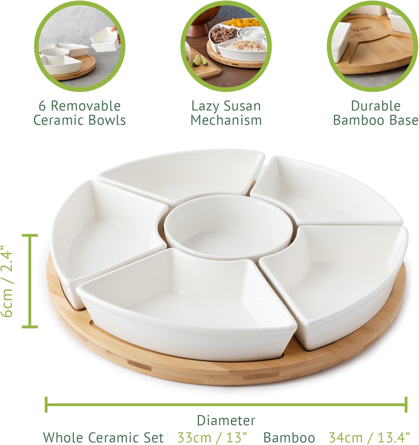 Ceramic Taco Serving Platter - Divided Serving Tray for Taco Tuesday Lazy Susan Taco Bar - Chip and Dip Serving Set for Party - Appetizer Serving Tray for Salsa, Snacks (13 in) - Image 2