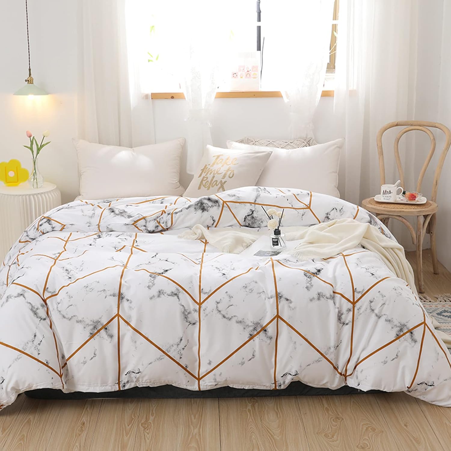 White Marble Bedding Queen Size Duvet Cover 1 Piece Brown